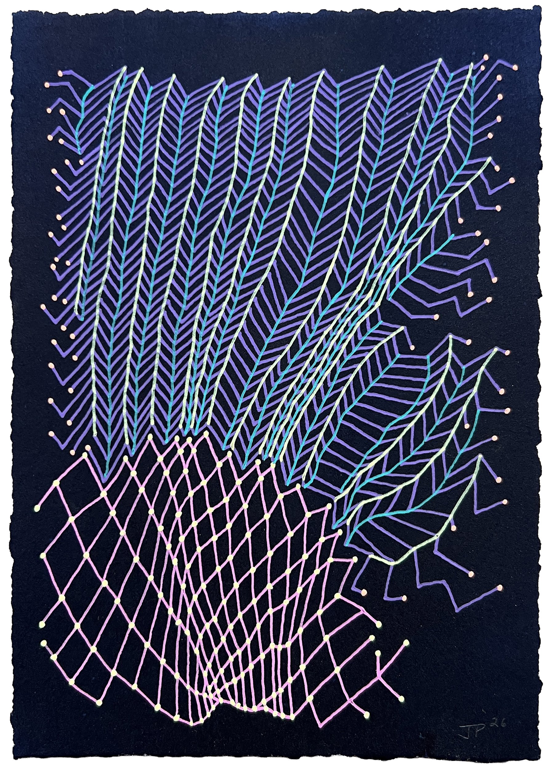 ENCODED FIELD, GEL PEN OVER CYANOTYPE ON PAPER, 8.5X6" (22X15CM), 2026