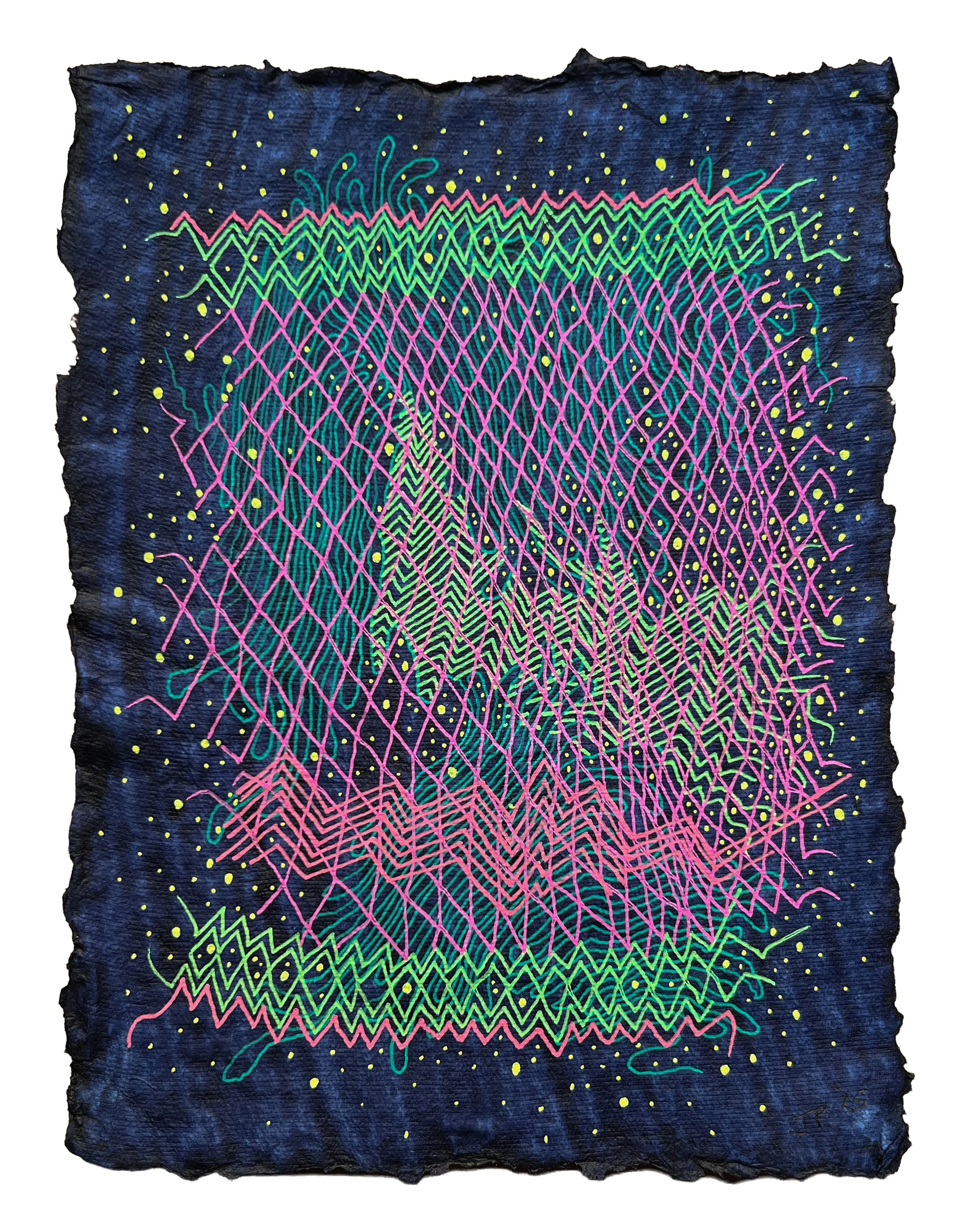 COSMIC DUST, GEL PEN ON HANDMADE INDIGO PAPER, 9.5X7" (24X18CM), 2025