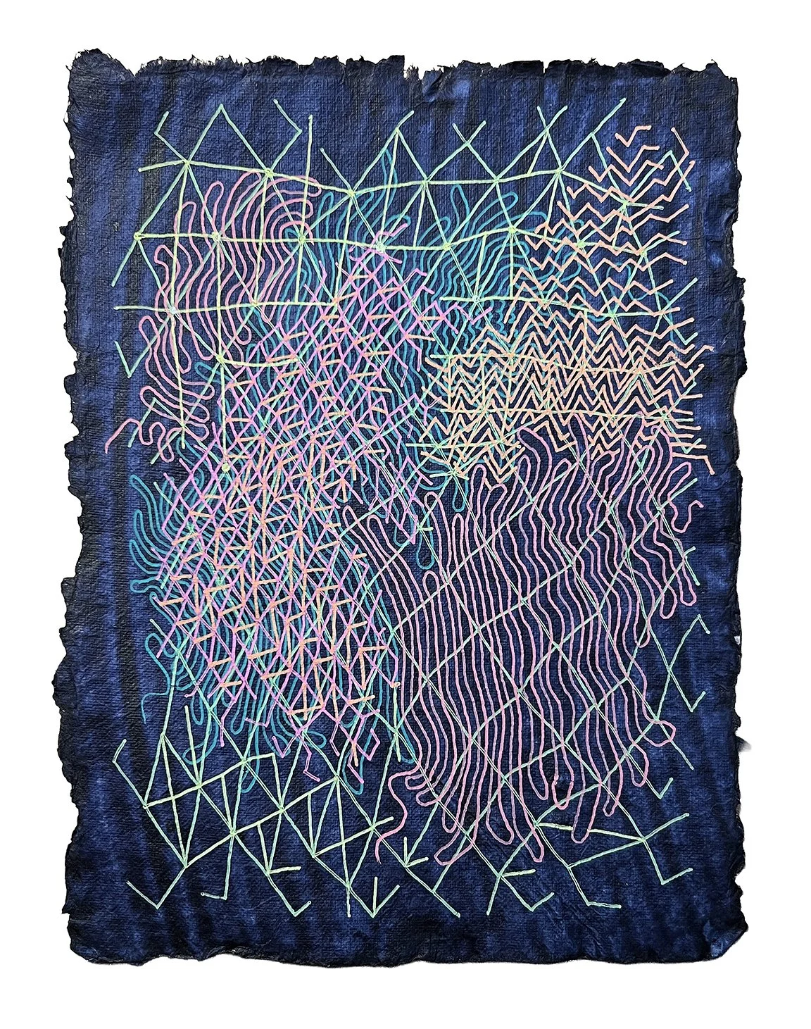 LABYRINTH LATTICE, GEL PEN ON HANDMADE INDIGO PAPER, 9.5X7" (24X18CM), 2025