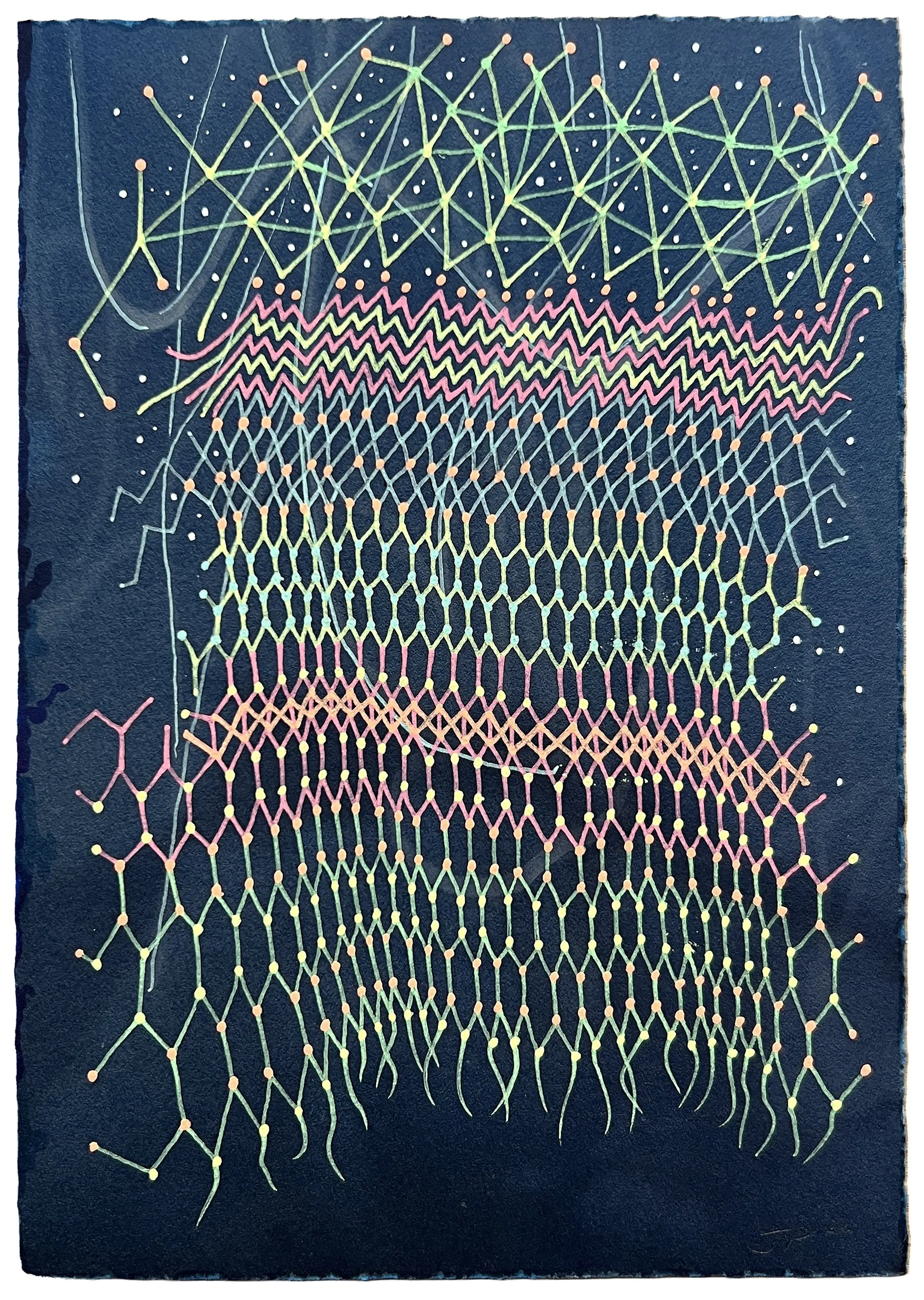 COSMIC WEAVE, GEL PEN OVER CYANOTYPE ON PAPER, 8.5X6" (22X15CM), 2026