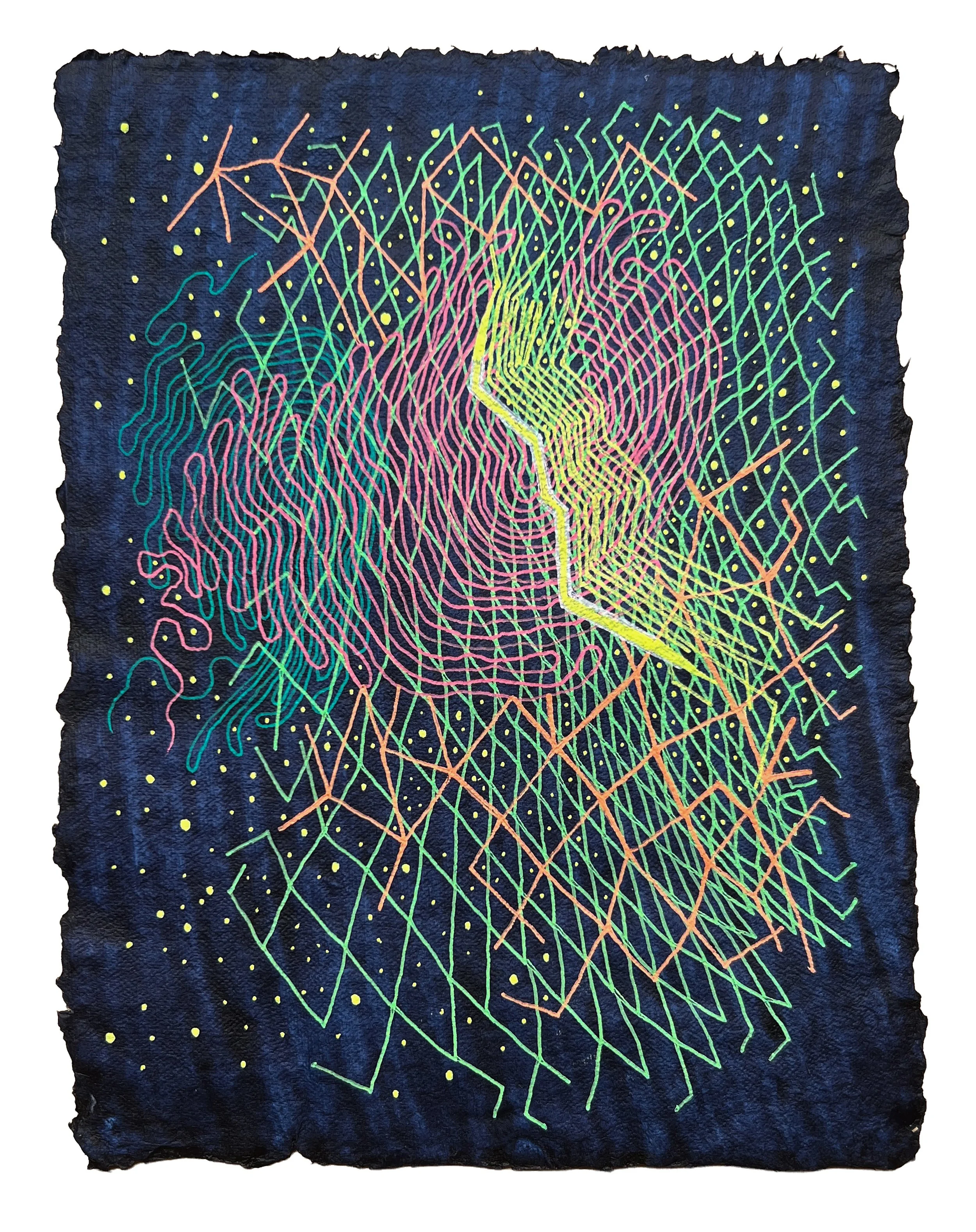 NEURAL SPARK, GEL PEN ON HANDMADE INDIGO PAPER, 9.5X7" (24X18CM), 2025