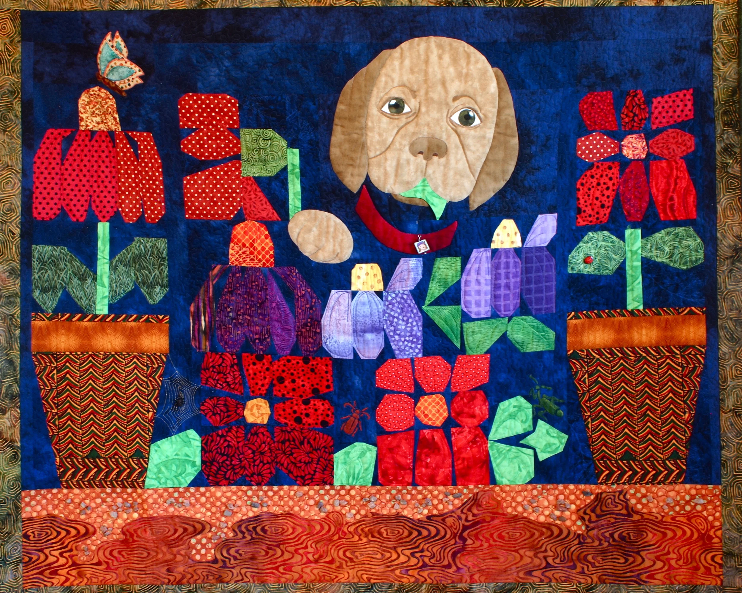  I had made several of these flowers and pots that I had planned to put on the Santa Fe Sanctuario de Chimayo quilt. It was already very large. I decided that I could design something else with these pieces. That is how the "Puppy in the Garden" grew