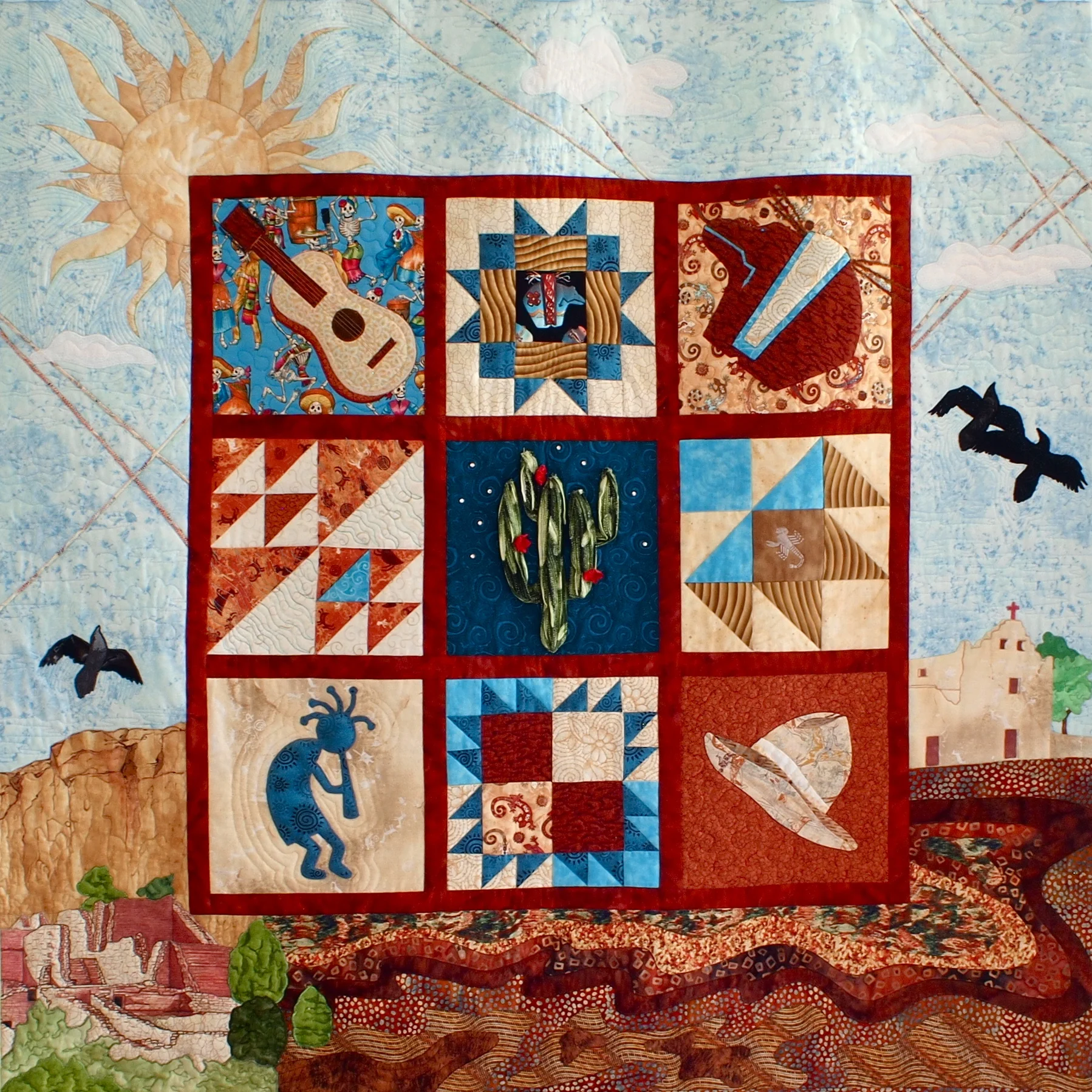  In 2006 this was a design challenge at Santa Fe Quilting. The challenge had 3 elements that had to be in the piece. No one mentioned size. Others brought in small (and I do mean small) renditions. Mine became a 46 x 46 quilt. Love it. On the wall in