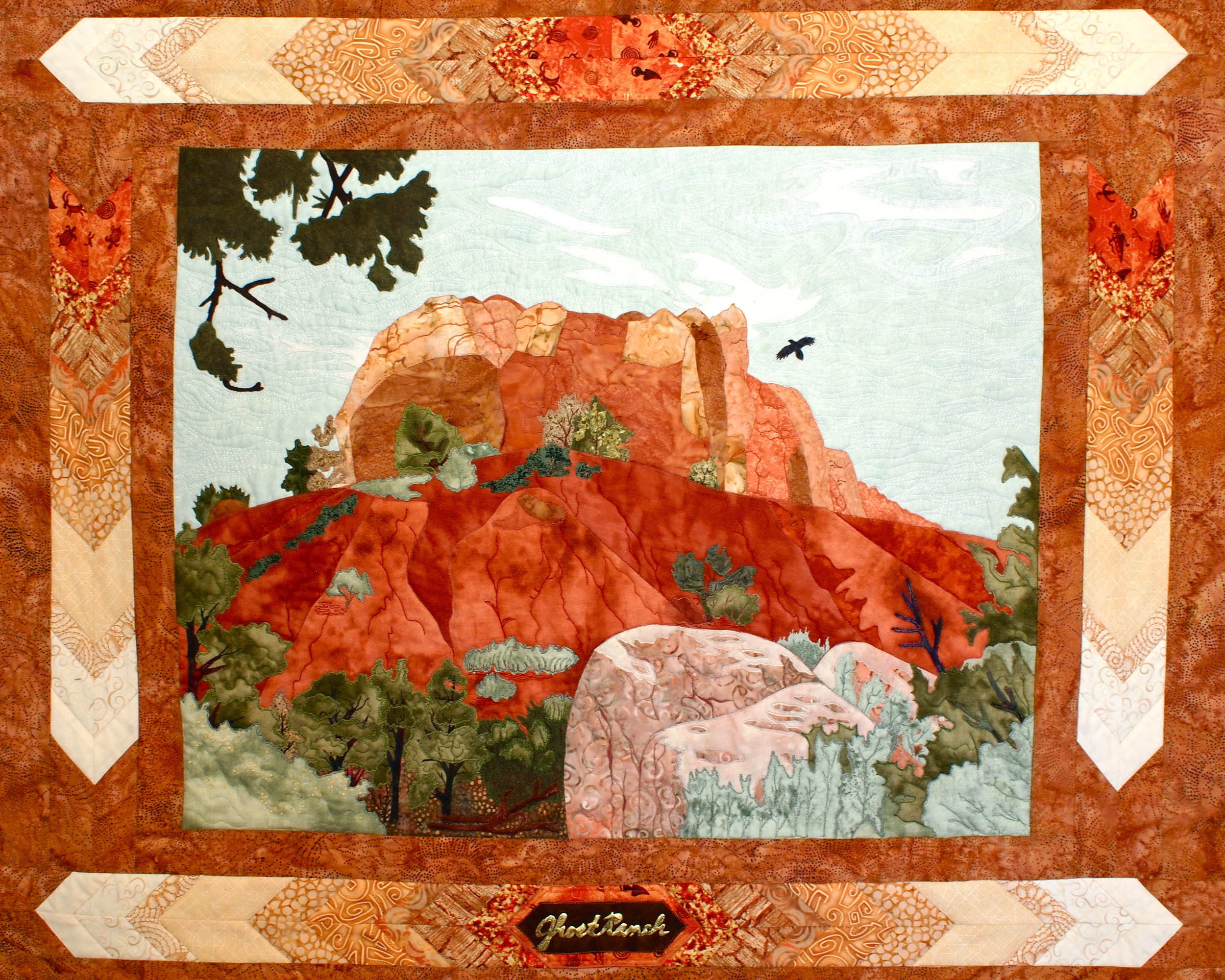 2007 Capital's Round House invitational for SAQA members (a nation wide art quilt guild) to display their art. I submitted "Ghost Ranch, Kitchen Mesa" . I took the picture and made an appliqué of it. Given to a family member. 