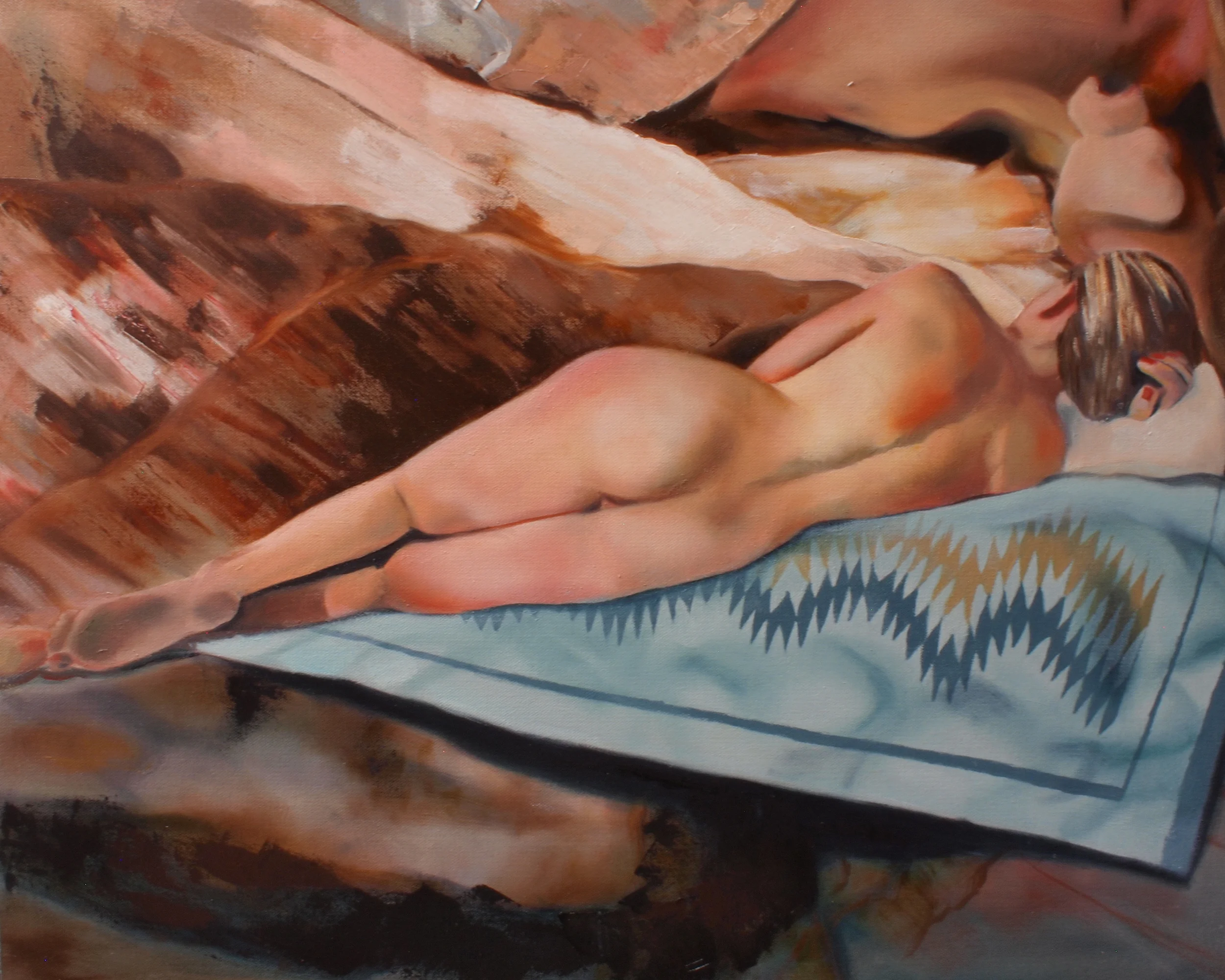  Diedra prone on a lounge chair. Final for 2nd time I took Bryony Bensly's Portrait Painting class. Then the challenge was to fill the space around her. Special place in Deer Creek where I had my granddaughter lay in a crevice for perspective. I laid