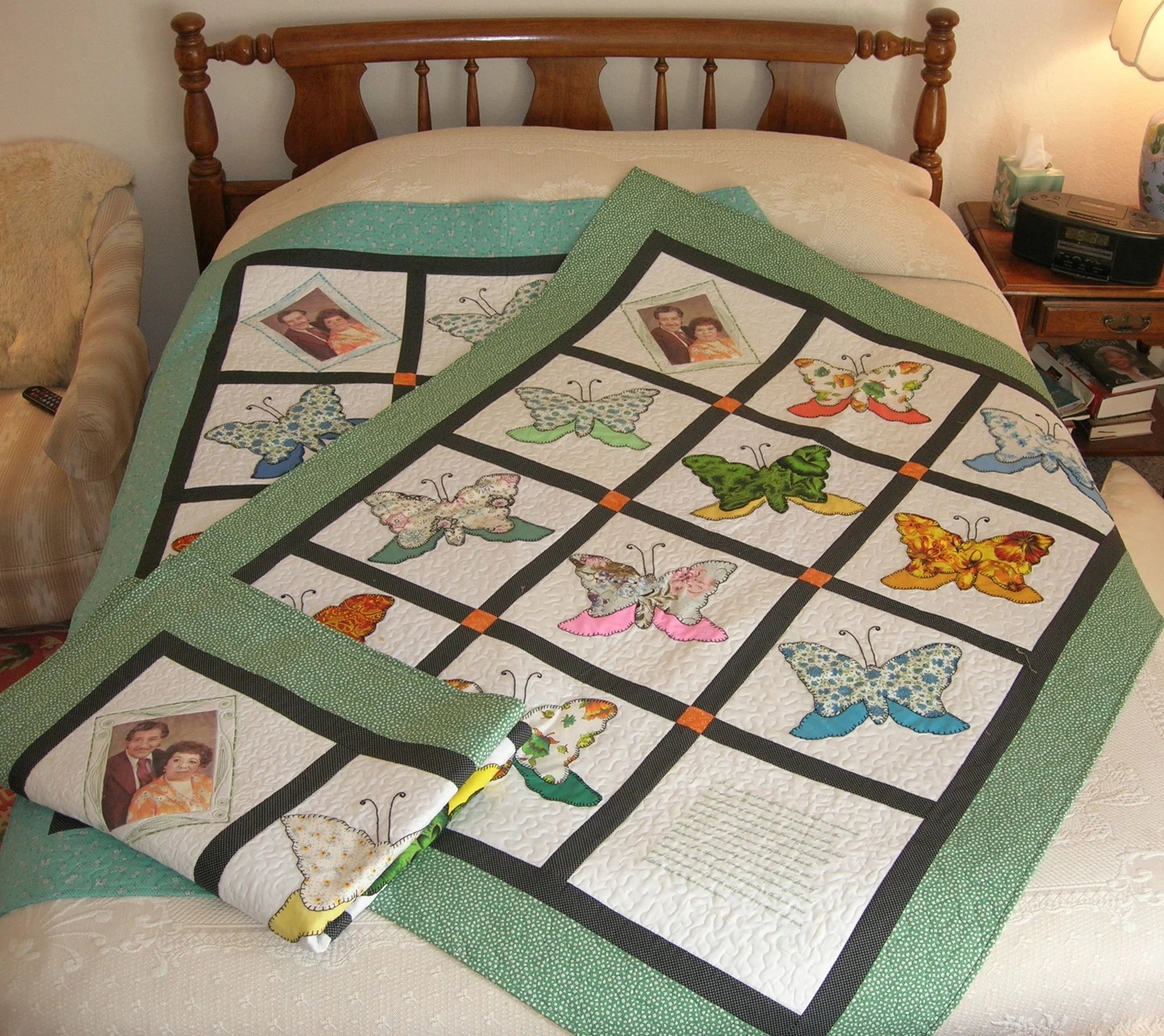  A friend's mother passed away in 2006. She had the butterflies her mother had made 20 years previous. She commissioned me to make three quilts; one for her, and one for each sister. The last square is a poem she wrote for the funeral. 