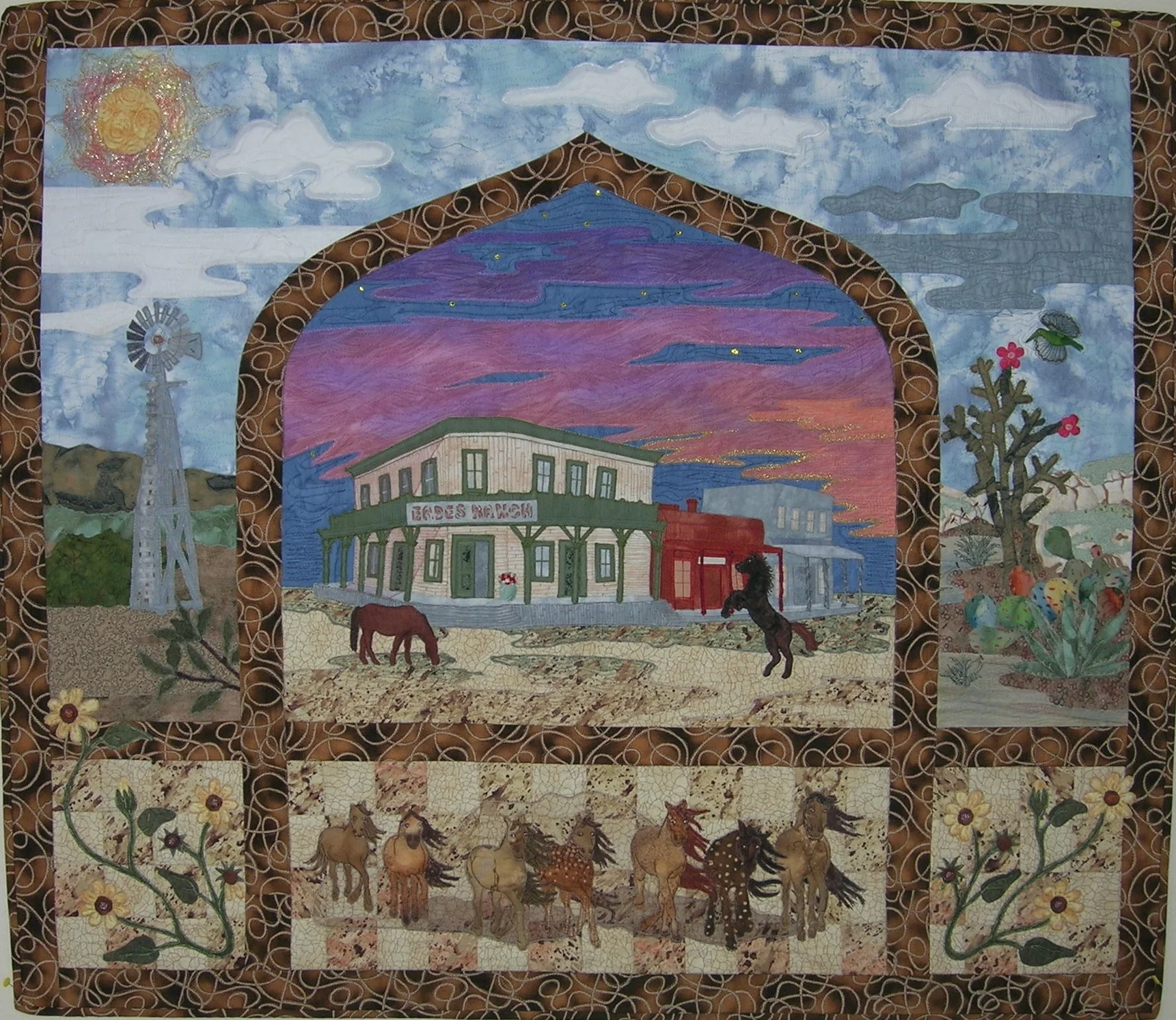  For the NNMQG Quilt Fiesta in 2008, I decided to put as many techniques as possible that I had learned,&nbsp;and also try to frame the center with the rope fabric. This was very difficult for me to figure out how to overlay the border. It cost me at