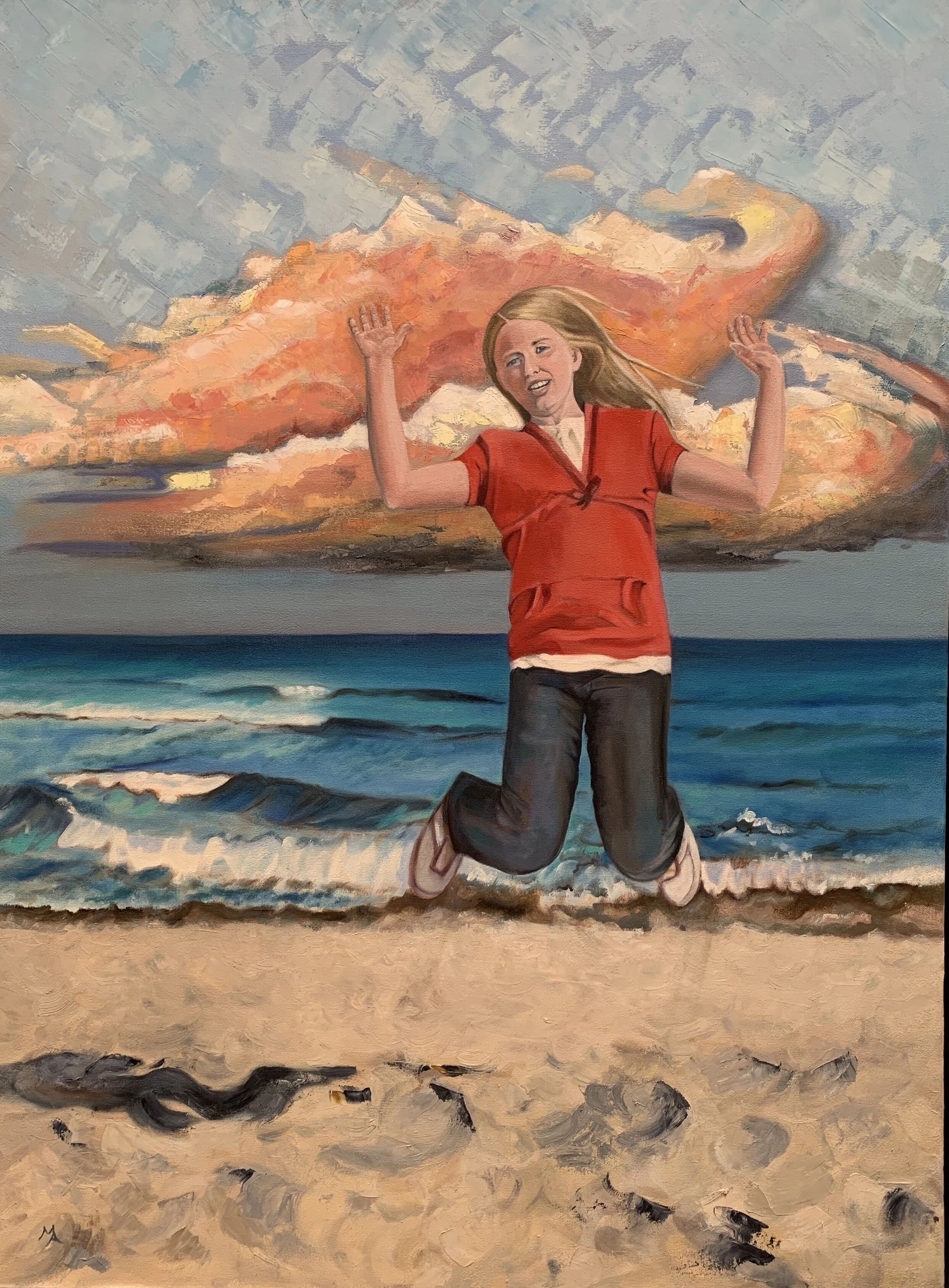  Elyse Onstott at the Mediterranean Sea, about 11 years old. My first rendition no one was overjoyed with so in 2019 she got a facelift as well as better background. Each forth has different texture. Elyse pops away from the background being more det