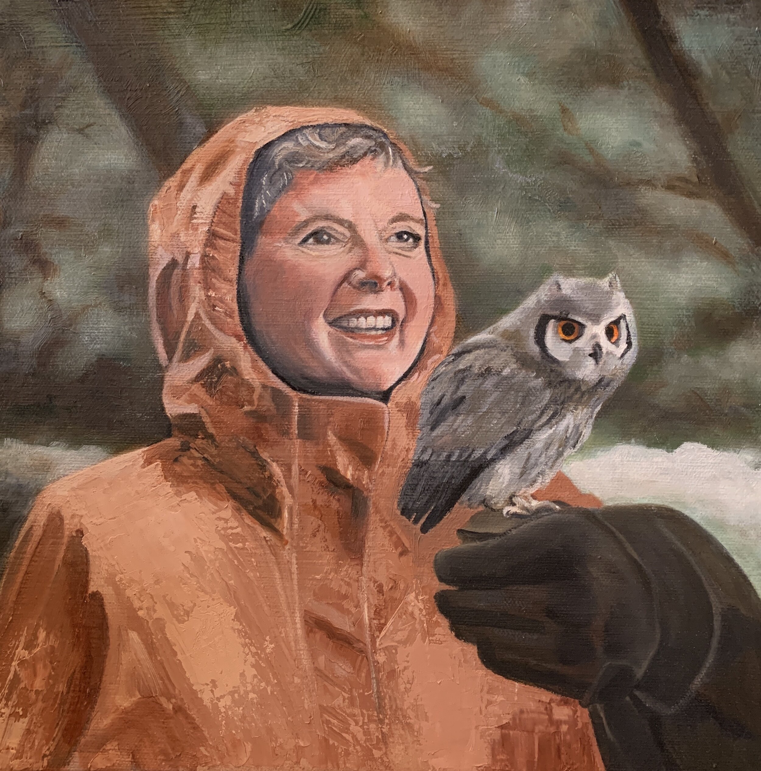  Wonderful memories with my son and daughter in law, June 1919 in Scotland. At the sanctuary we held these adorable white faced owls as they flew from a tree. It had been raining. My son, Joe, took the pictures. 12 x 12 