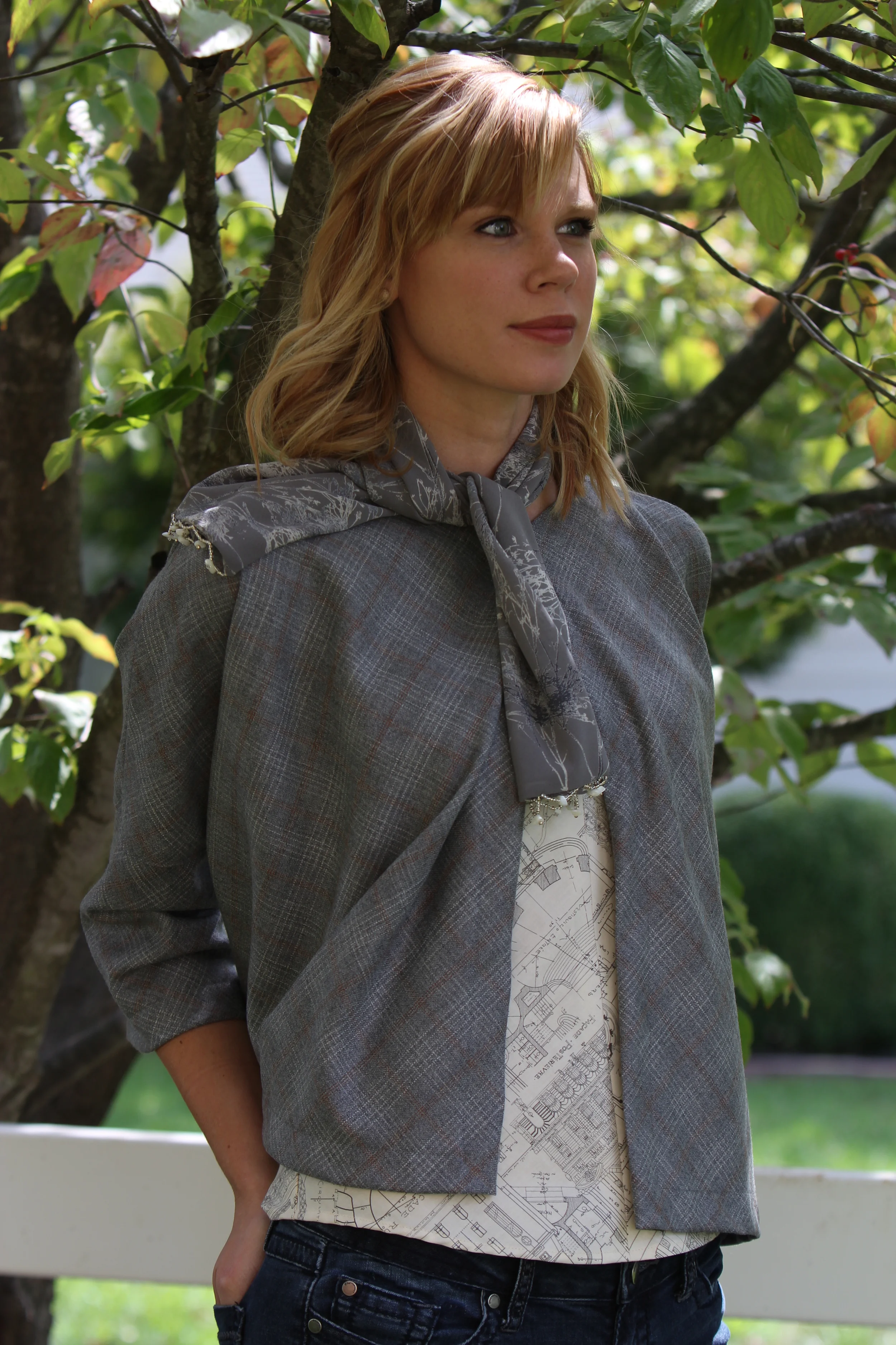  Unlined cardigan in silk/cashmere, over a Paris-street-map print top and hand beaded scarf. 