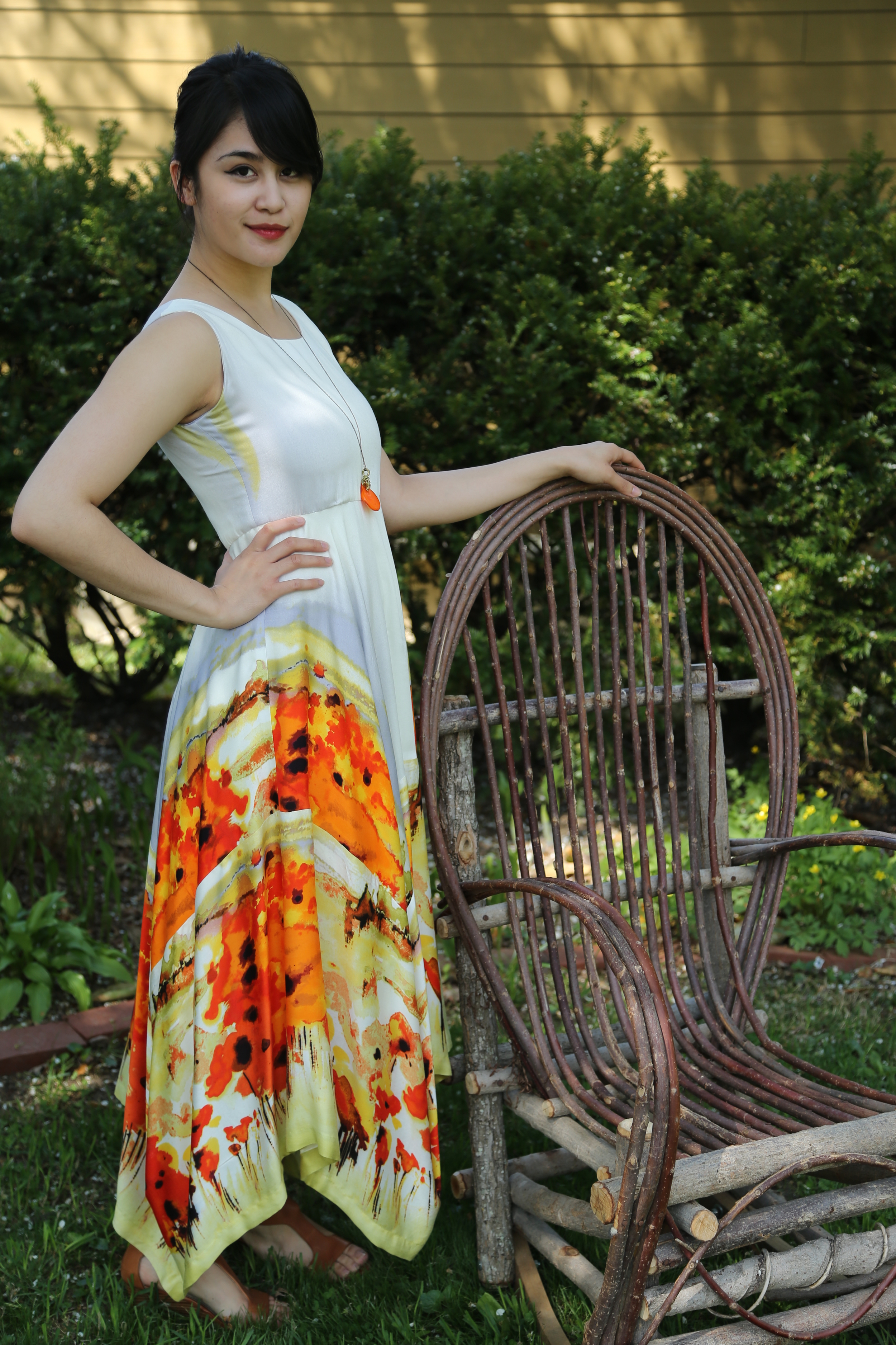  Water-color poppies for an architecturally seamed dress.&nbsp; French rayon fabric. 