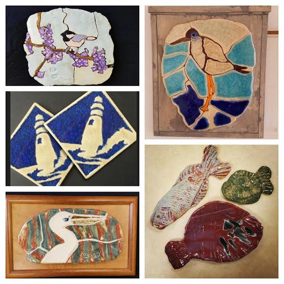 A sneak peak at some ceramic mosaics by James O'Dor, clay fish by Shea Collins, and our recycled glass tile coasters.