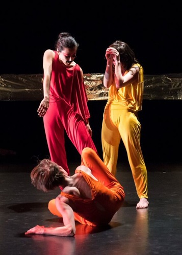 Aretha Aoki (in red), Emily Johnson (in yellow), and Krista Langberg (in orange) in Johnson’s Shore . Photo: Ian Douglas