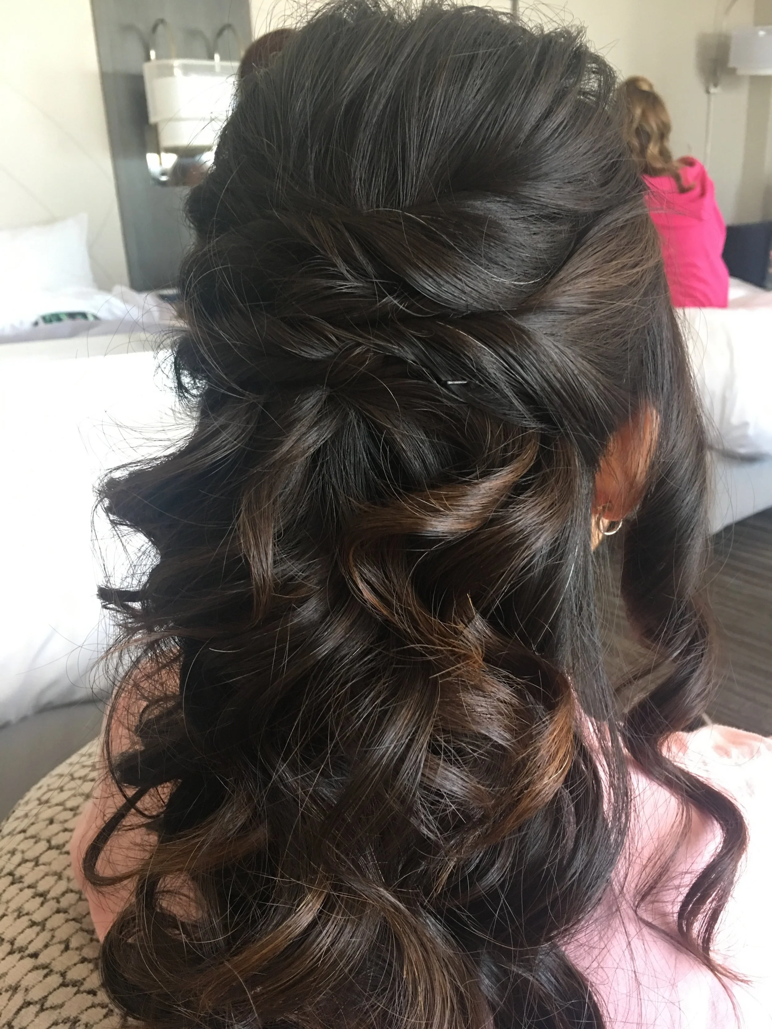  Half Updo on dark hair for this Millbrae Bridesmaid 