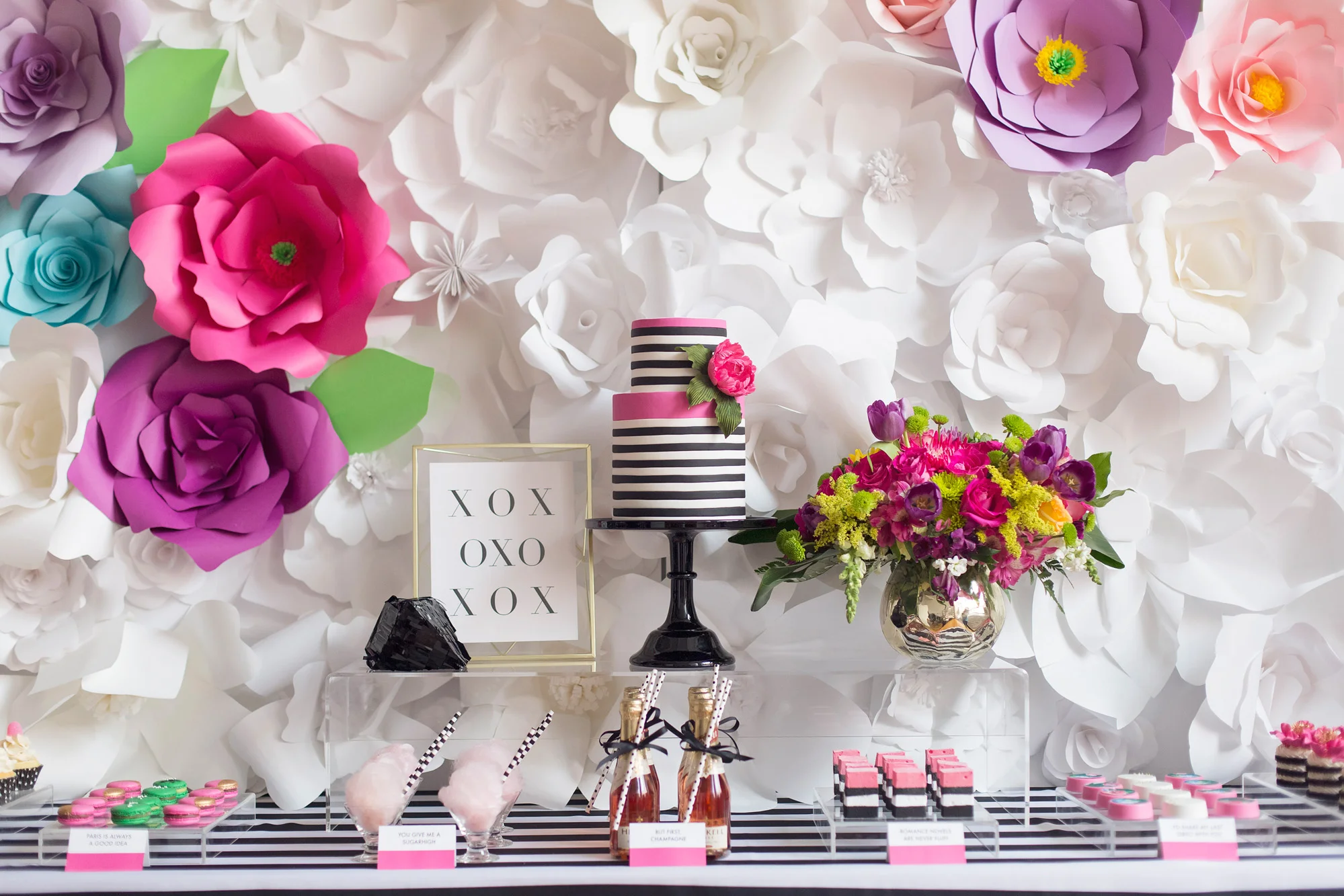 August In Bloom - Sweet table - Kate Spade inspired black, white, with a pop of hot pink party