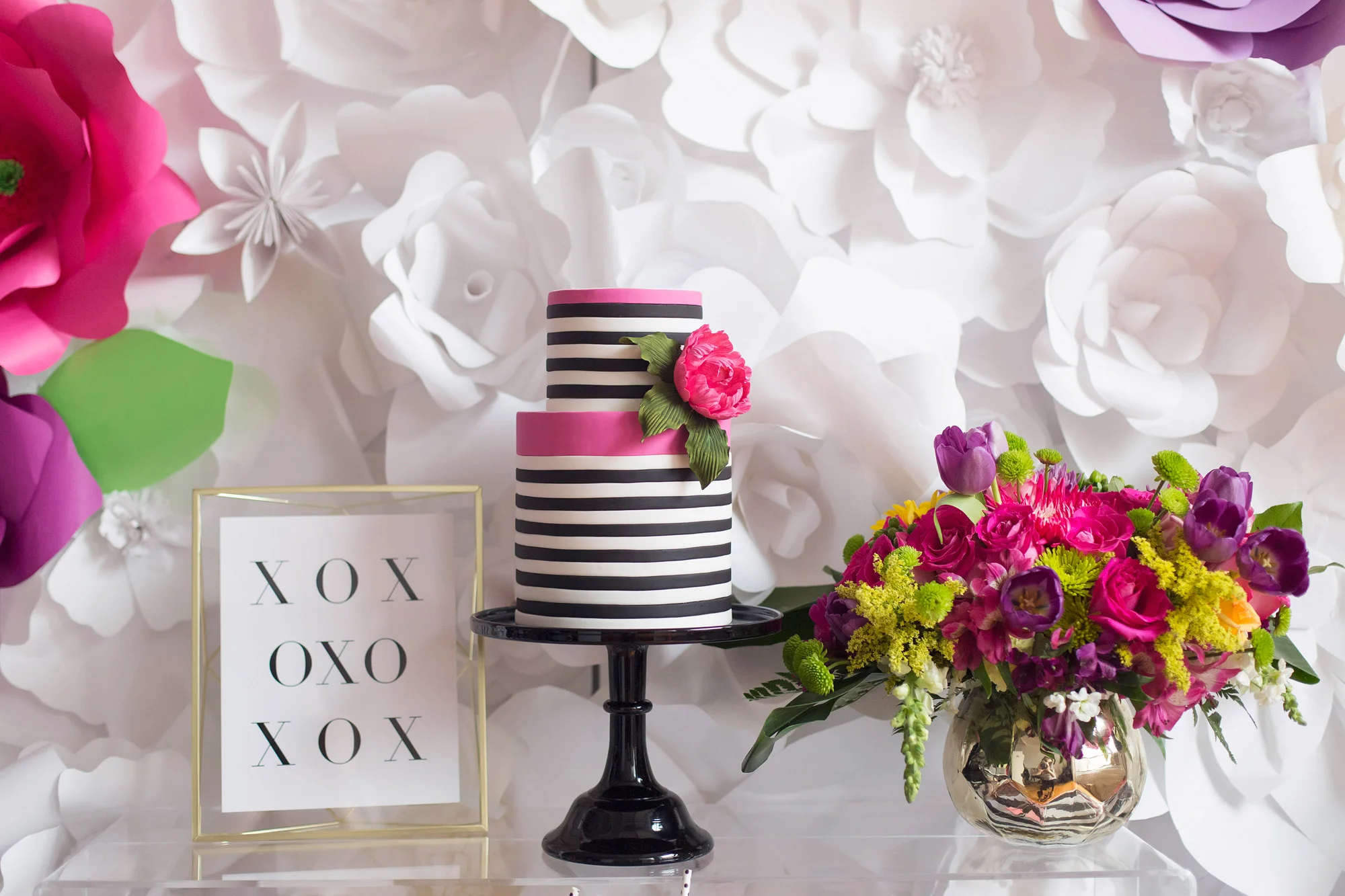 August In Bloom - Striped cake - Kate Spade inspired black, white, with a pop of hot pink party