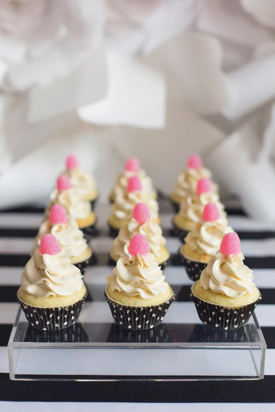 August In Bloom - Polkadot gumdrop mini cupcakes - Kate Spade inspired black, white, with a pop of hot pink party