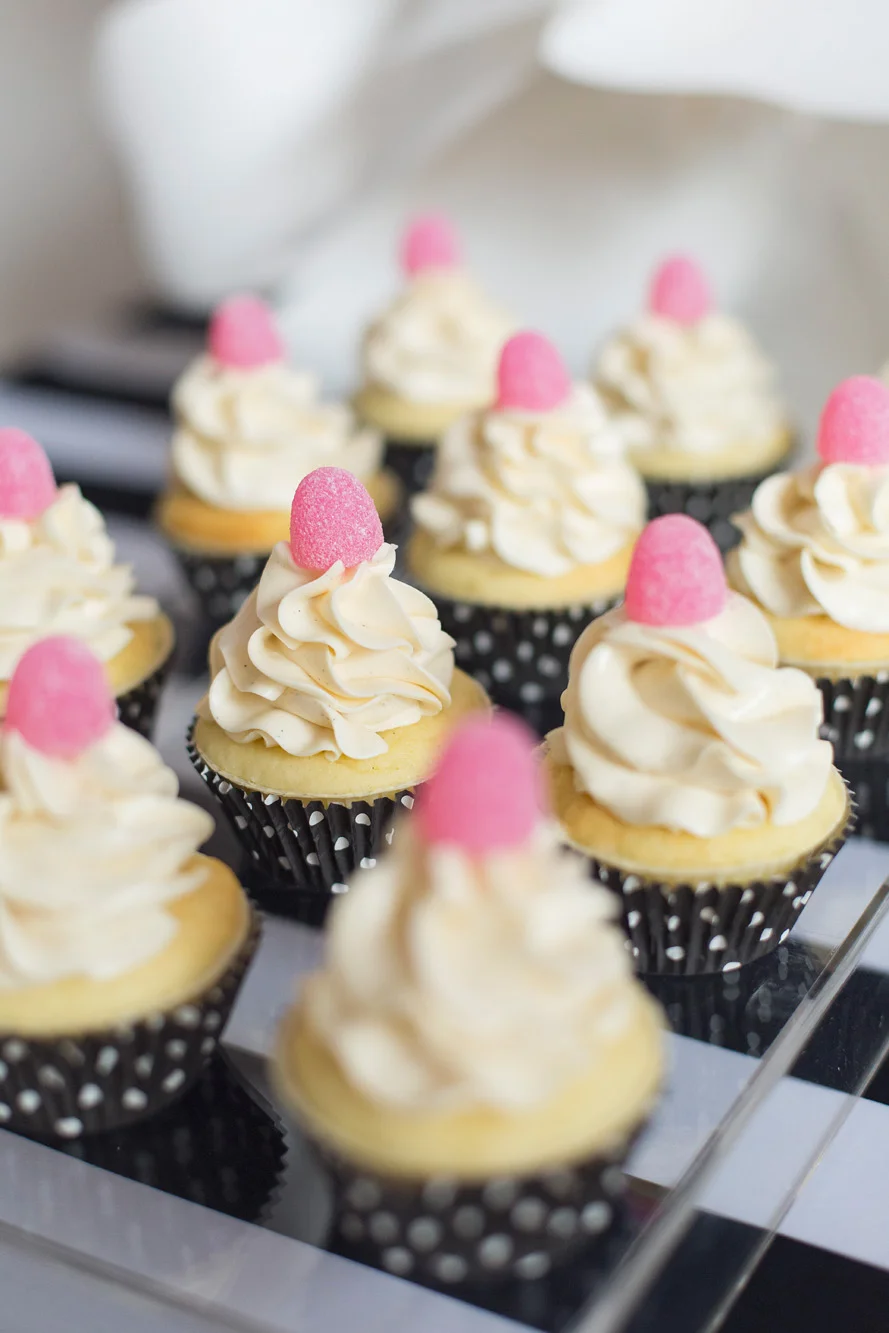 August In Bloom - Polkadot gumdrop mini cupcakes - Kate Spade inspired black, white, with a pop of hot pink party