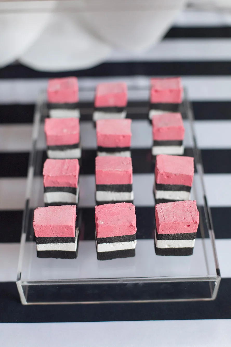 August In Bloom - Marshmallows - Kate Spade inspired black, white, with a pop of hot pink party