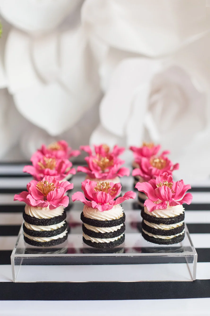 August In Bloom - Flower cookie stacks - Kate Spade inspired black, white, with a pop of hot pink party