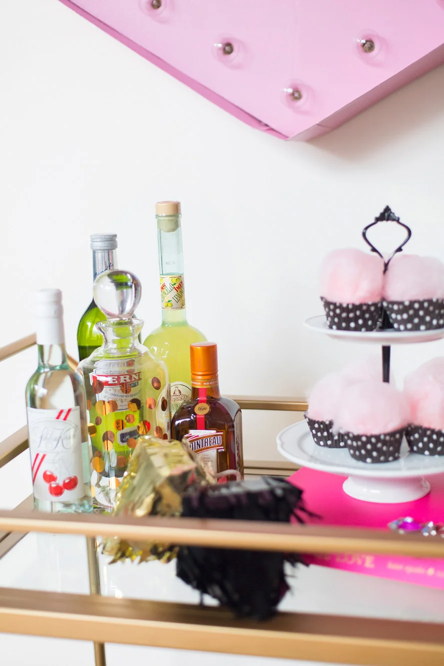 August In Bloom - Drink cart - Kate Spade inspired black, white, with a pop of hot pink party