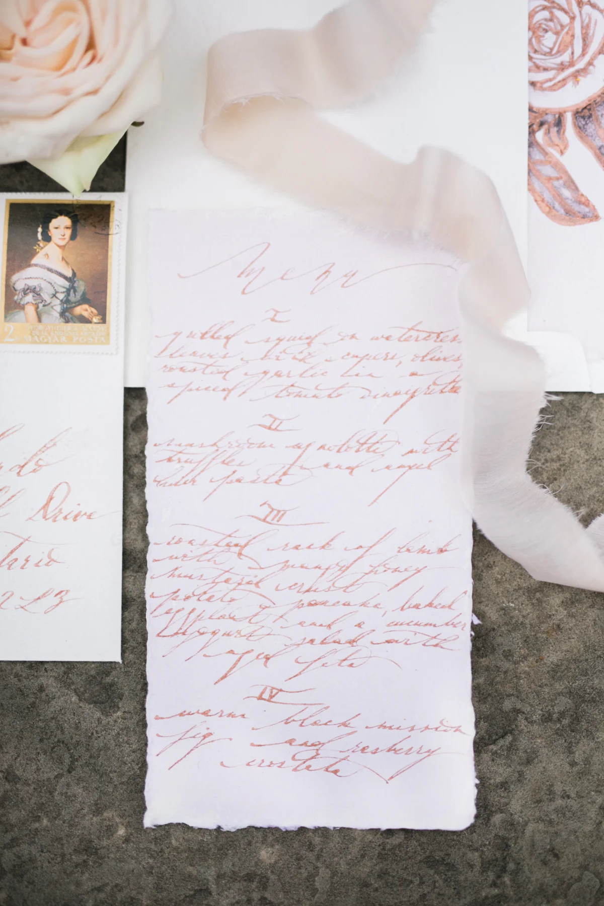 August In Bloom - Lavender watercolour invitations with rose gold calligraphy and vintage stamps - Fairytale Wedding (Wedluxe)