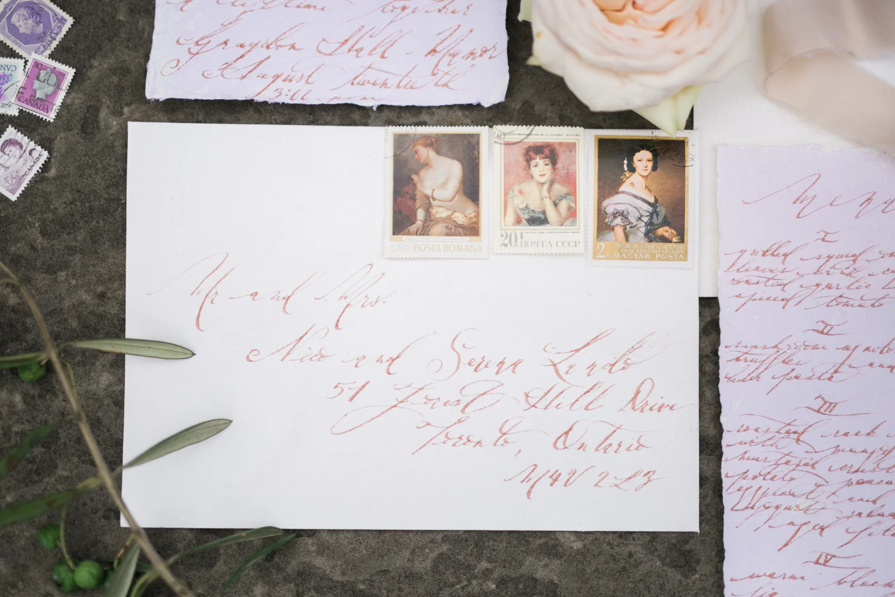 August In Bloom - Lavender watercolour invitations with rose gold calligraphy and vintage stamps - Fairytale Wedding (Wedluxe)