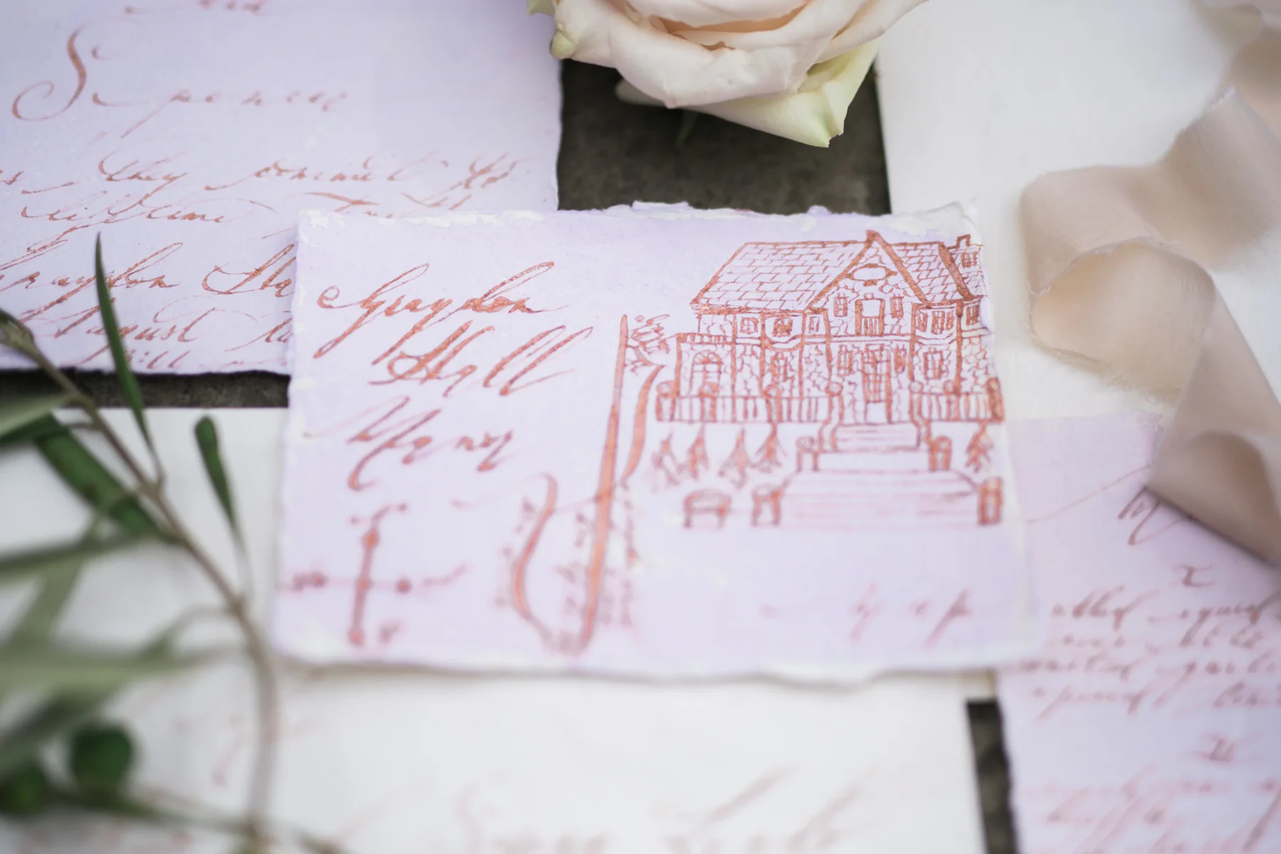 August In Bloom - Lavender watercolour invitations with rose gold calligraphy and vintage stamps - Fairytale Wedding (Wedluxe)