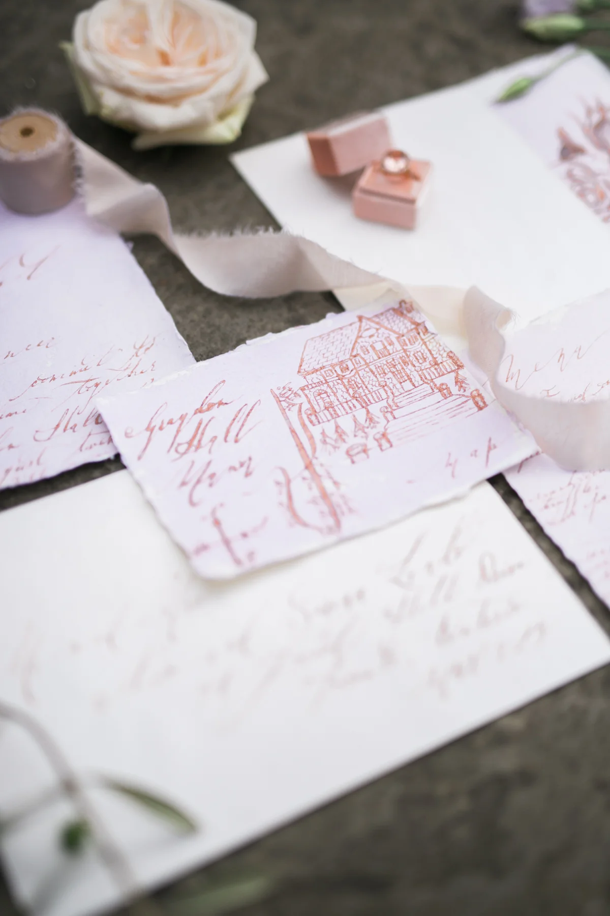 August In Bloom - Lavender watercolour invitations with rose gold calligraphy and vintage stamps - Fairytale Wedding (Wedluxe)