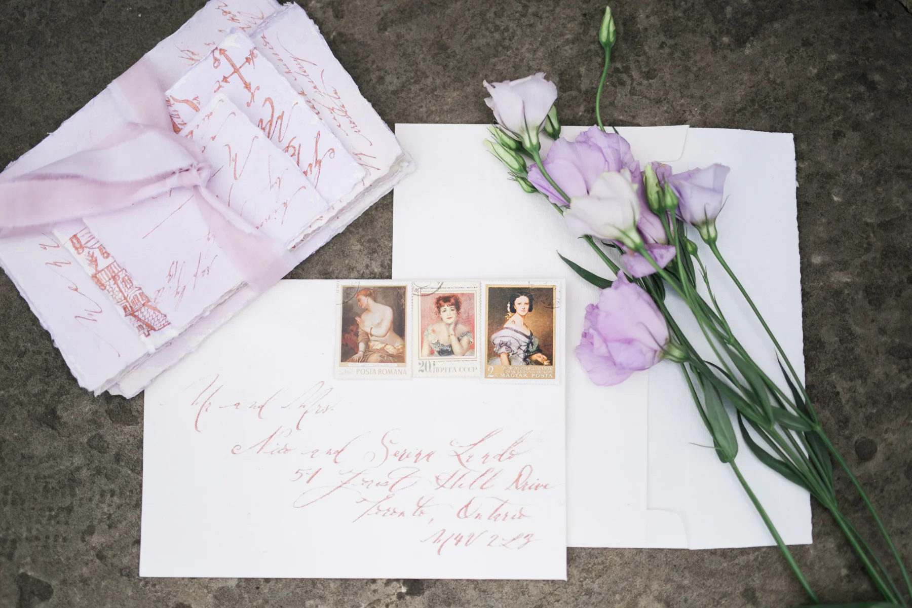 August In Bloom - Lavender watercolour invitations with rose gold calligraphy and vintage stamps - Fairytale Wedding (Wedluxe)