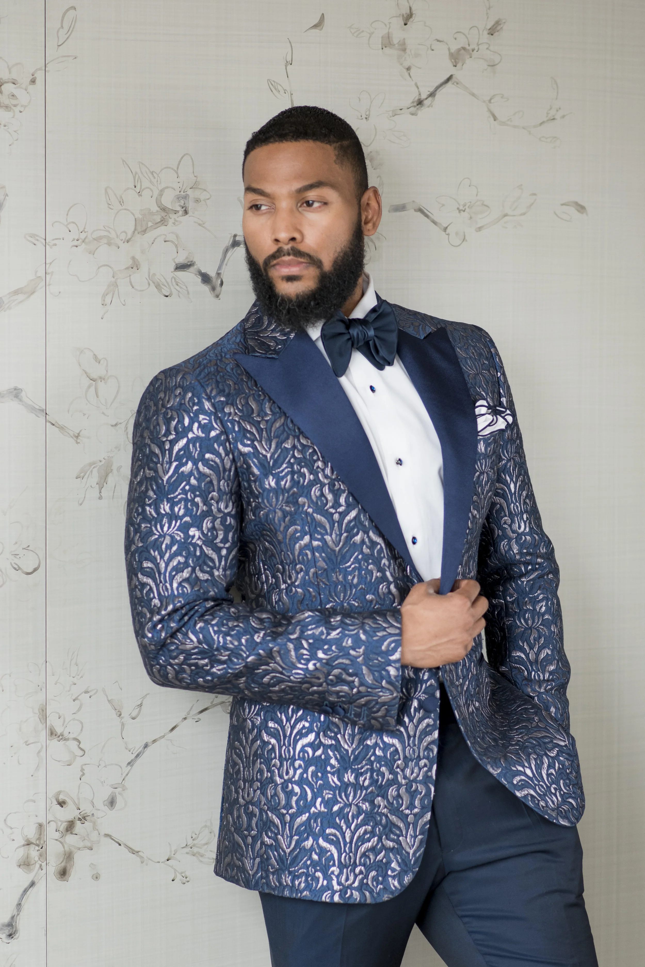 August In Bloom - Groom in blue patterned suit - The Suited Groom