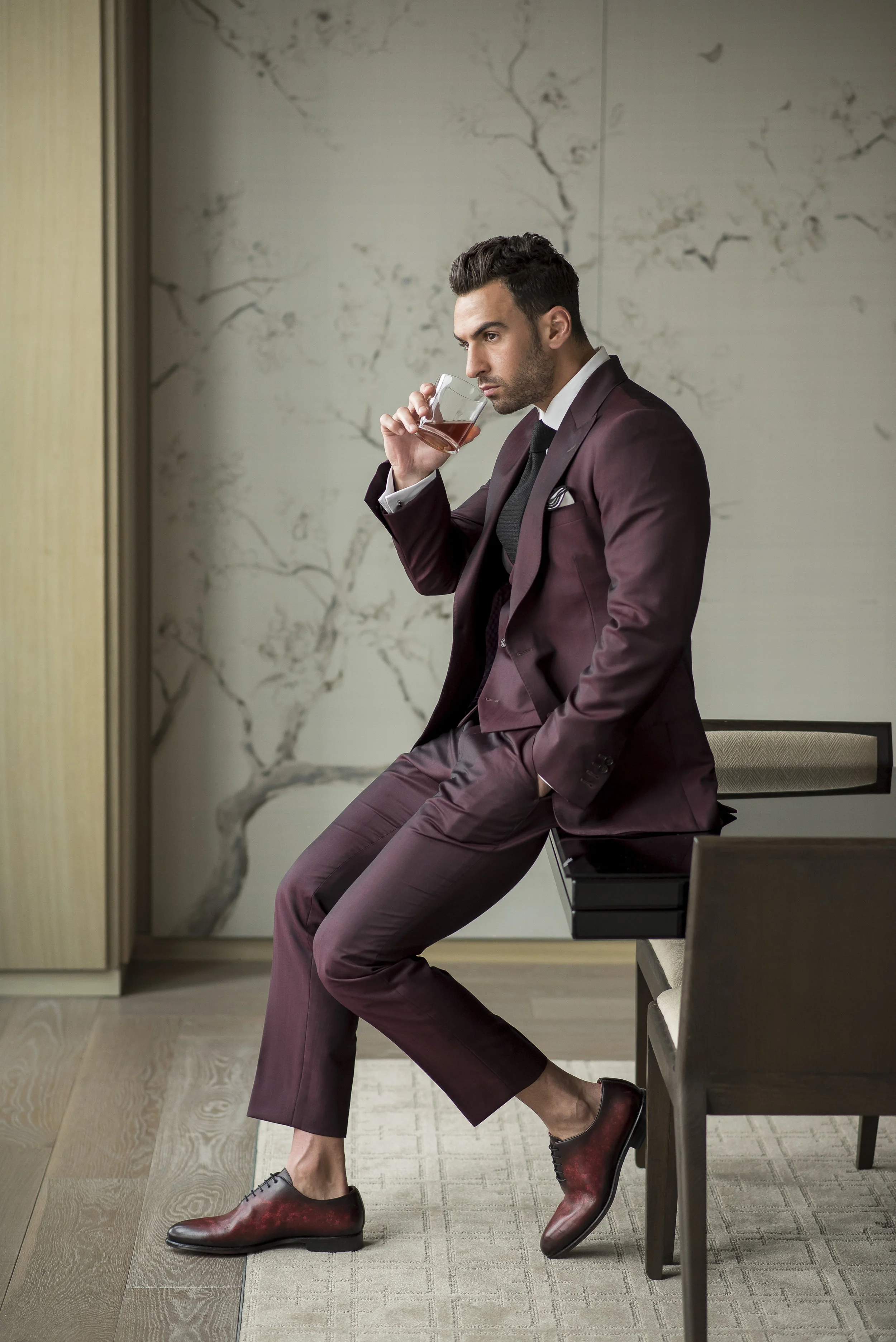 August In Bloom - Groom in maroon suit - The Suited Groom