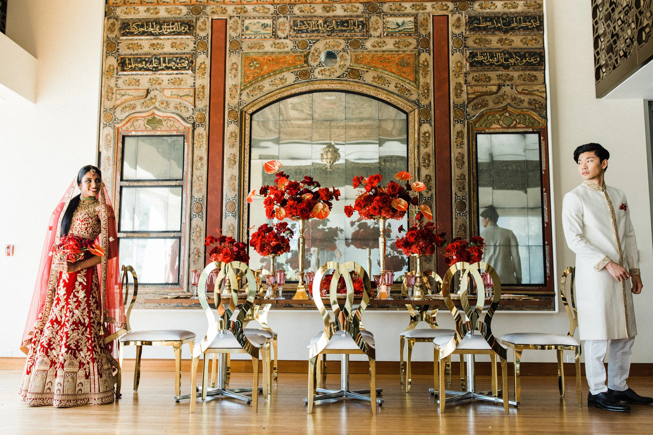 August In Bloom - Bride and groom at reception - Scarlet Sweetheart (Lavish Dulhan)