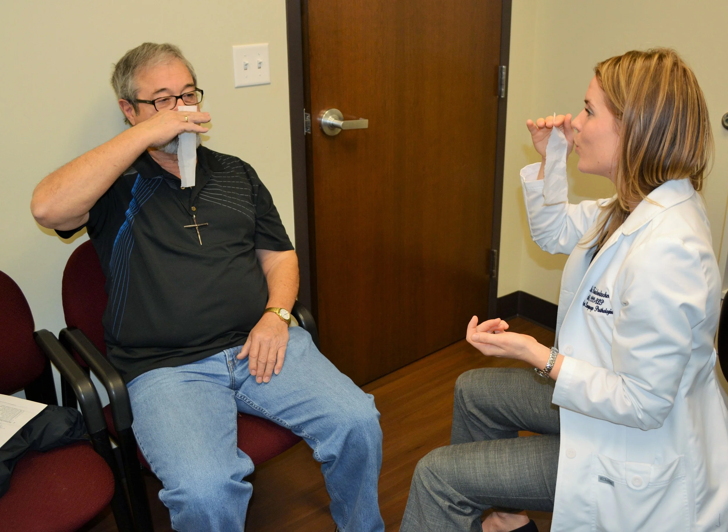 A patient learns Stretch N Flow to help rebalance breath, sound and resonance