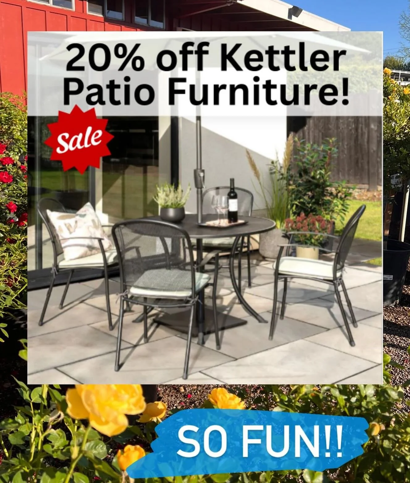 Looking to add some extra seating to your patio? Our wonderful Kettler brand patio furniture is 20% off through November 16th. Tables, chairs, and more! Come and check it out. We&rsquo;re open seven days a week!