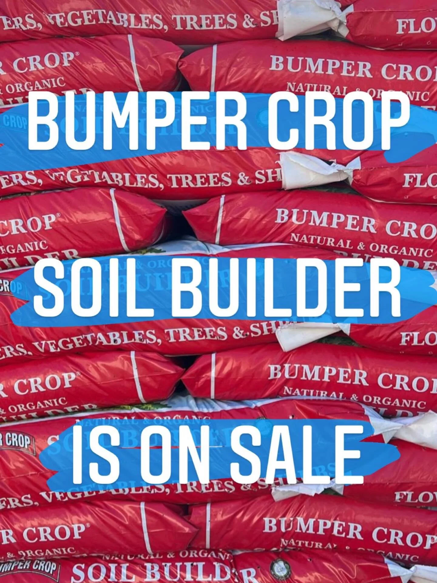 While supplise last, BUY 3 BAGS AND GET A 4th FREE!  Bumper Crop Natural and Organic Soil Builder is the perfect thing to mix into raised beds or clay soil!!