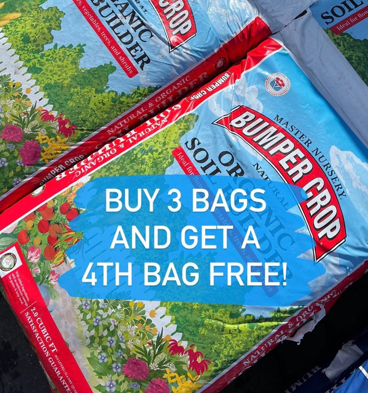 Our fall Bumper Crop sale is ON! While supplies last,  buy 3 bags of select Bumper Crop soils and get a 4th bag FREE!

&hearts;️Bumper Crop natural and organic Soil Builder comes in the red bag and it is a perfect thing to amend tired raised beds or 