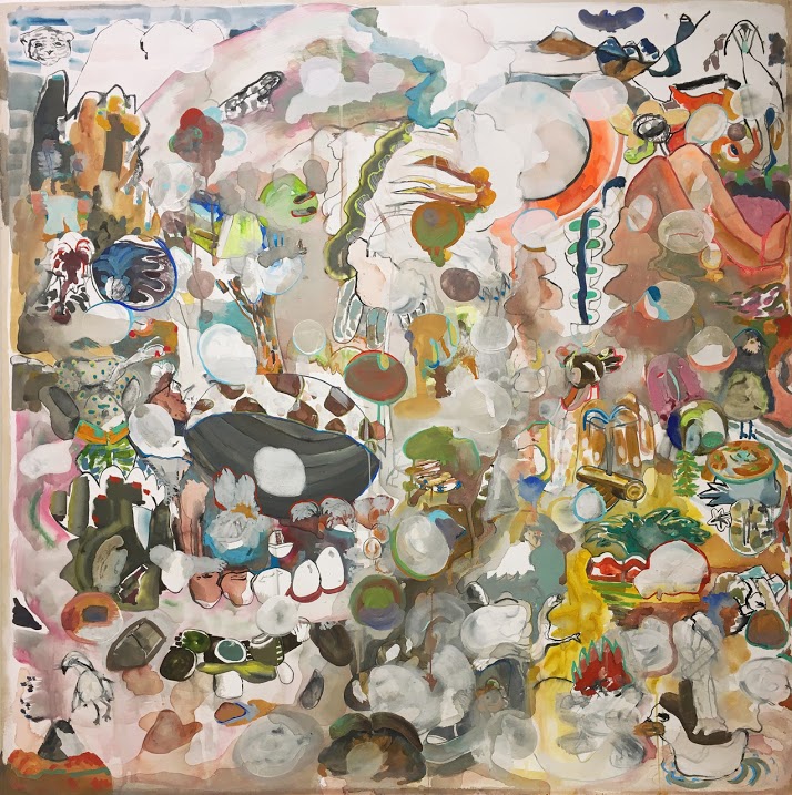 Sean Howe. Swirly Gates, 2017. Gouache and gesso on plywood.