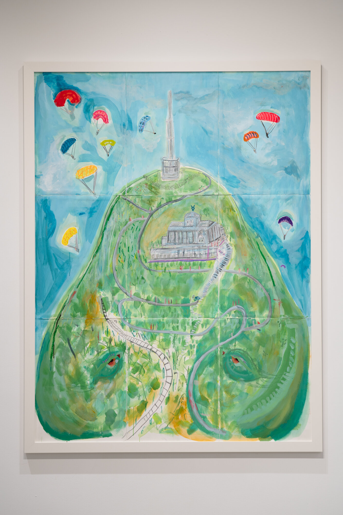  Temple de Mercure (imagined as active), antenna, paragliding, 2019. Mix-media on assembled 18 in x 24 in Watercolor paper. Acrylic paint, graphite, watercolor, marker, crayon, oil stick, volcanic water. 75.5" x 57.5"   