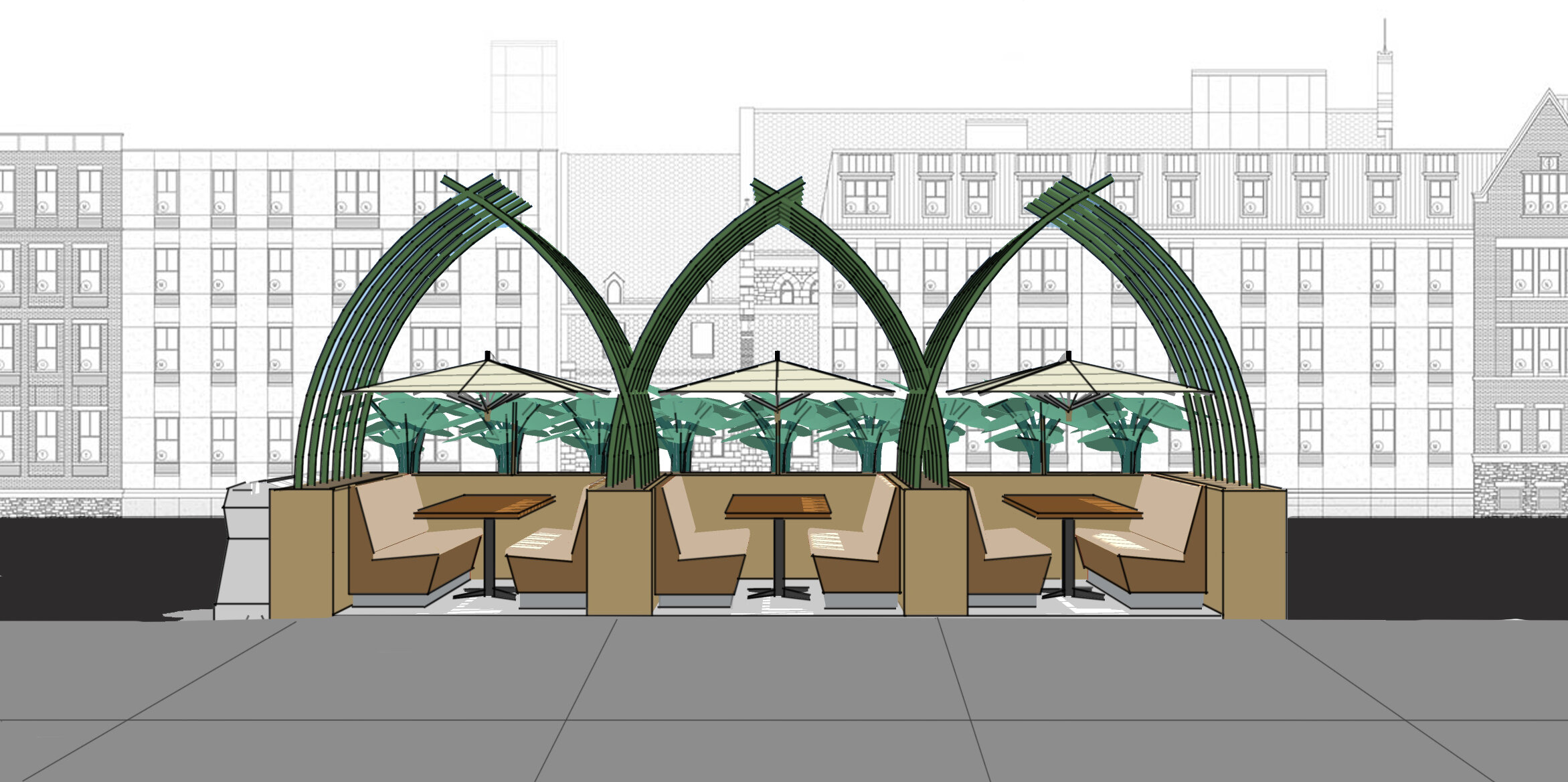  In an available roadside parking space, an outdoor restaurant seating area is designed to utilize limited space without compromising design. The living willow structure and booth seating are meant to separate patrons without eliminating the social a