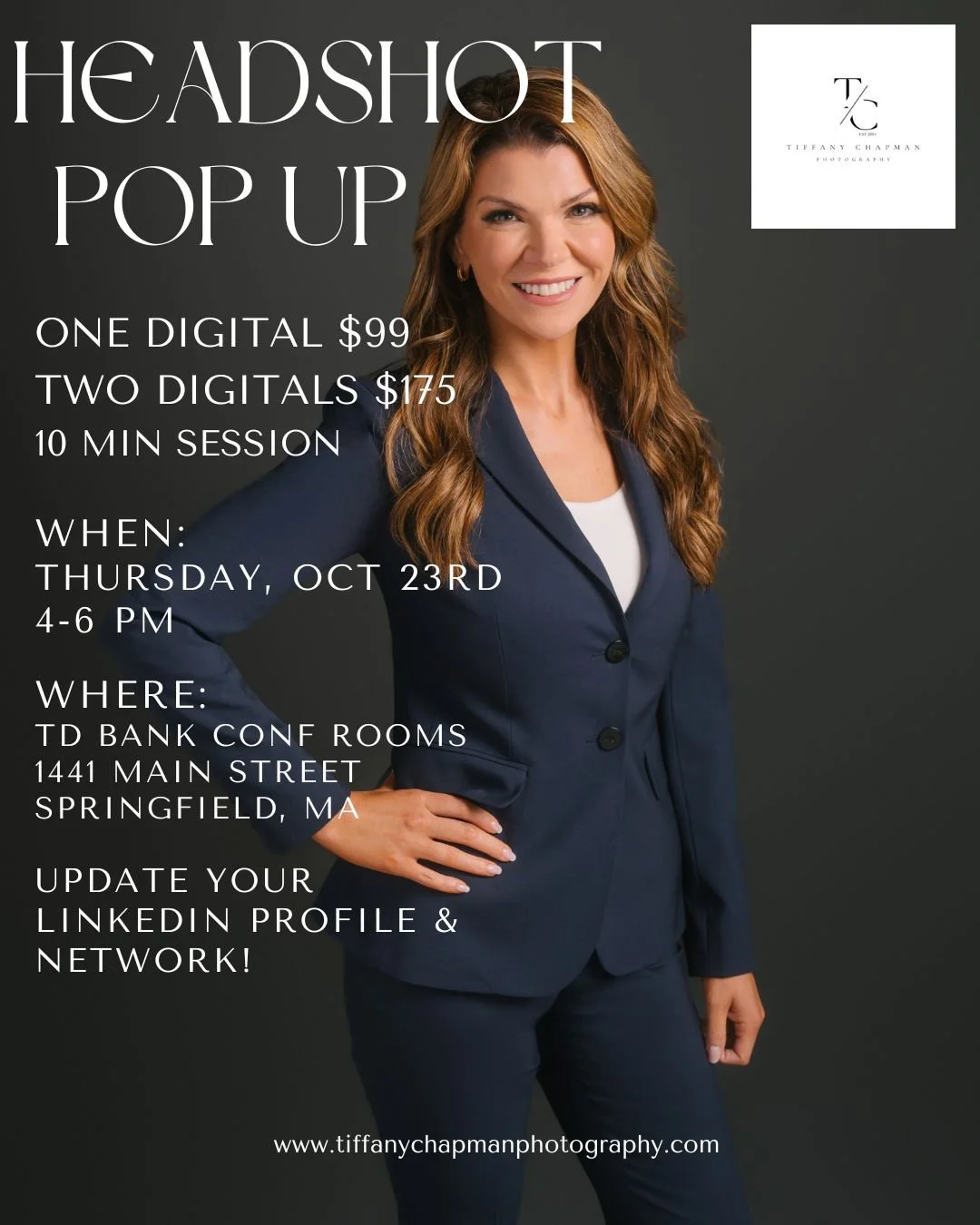 October Pop Up Headshot - October 23rd

Join me on Thursday, October 23rd at the TD Bank Conference Rooms in Springfield, MA, for a Headshot Pop-Up designed to help you refresh your professional image.

✨ 10-minute sessions
✨ One digital image for $9