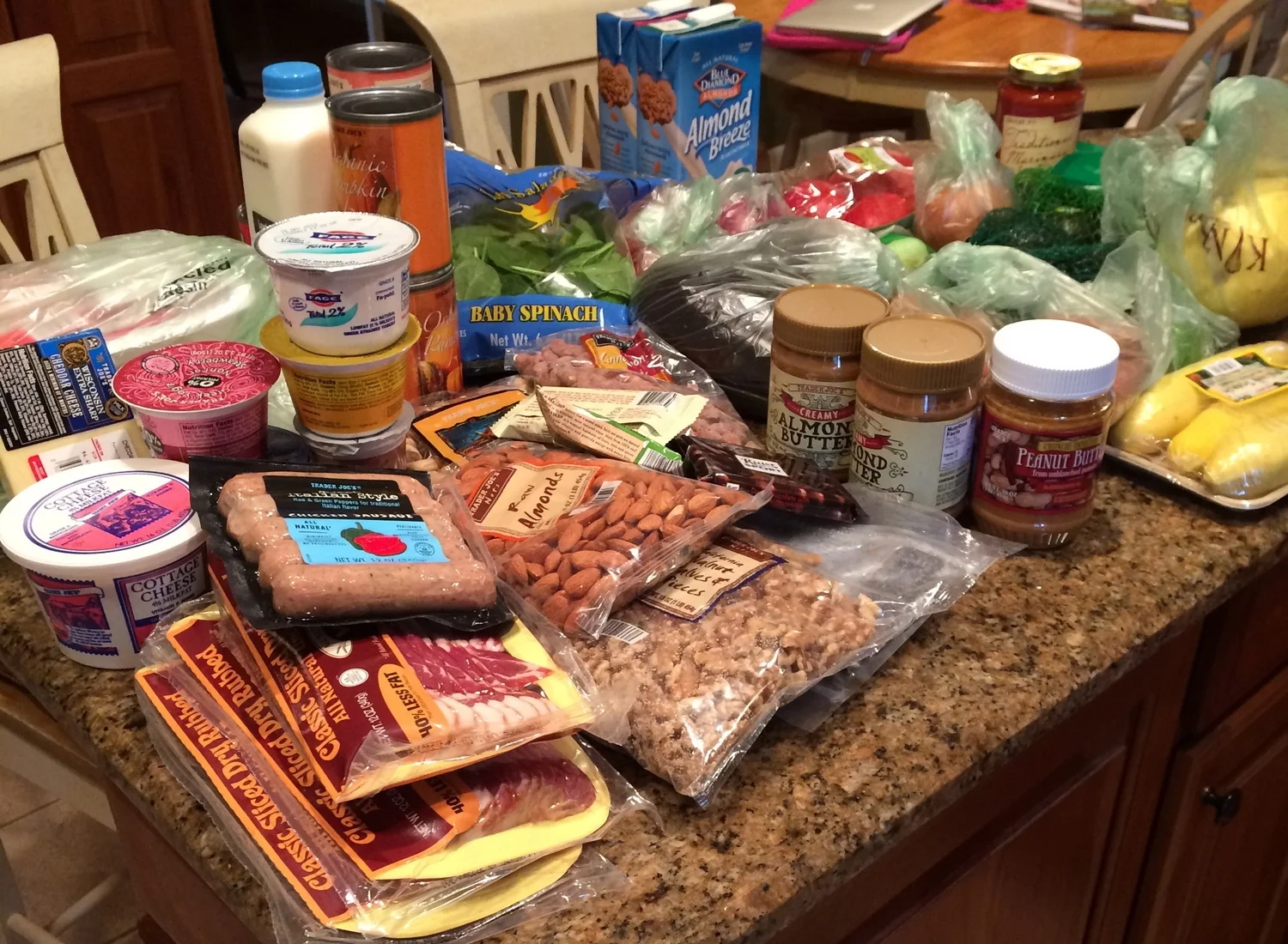 kitchen counter post-TJ run at home in jersey before heading back to Delaware (this picture was taken last year, when I was still eating dairy daily :( i miss it )