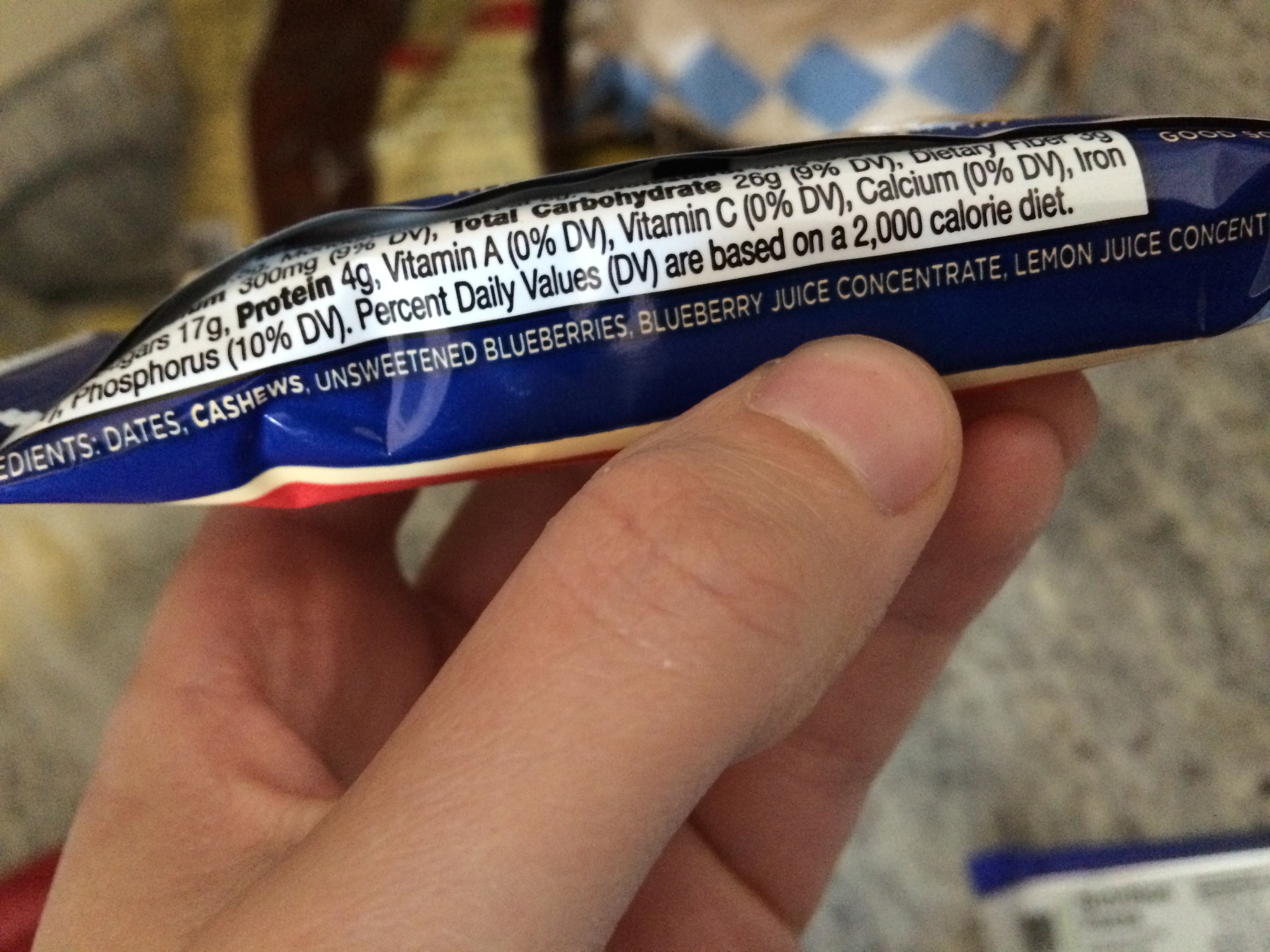 Blueberry Larabar: Dates, Cashews, Unsweetened blueberries, blueberry and lemon juice concentrate