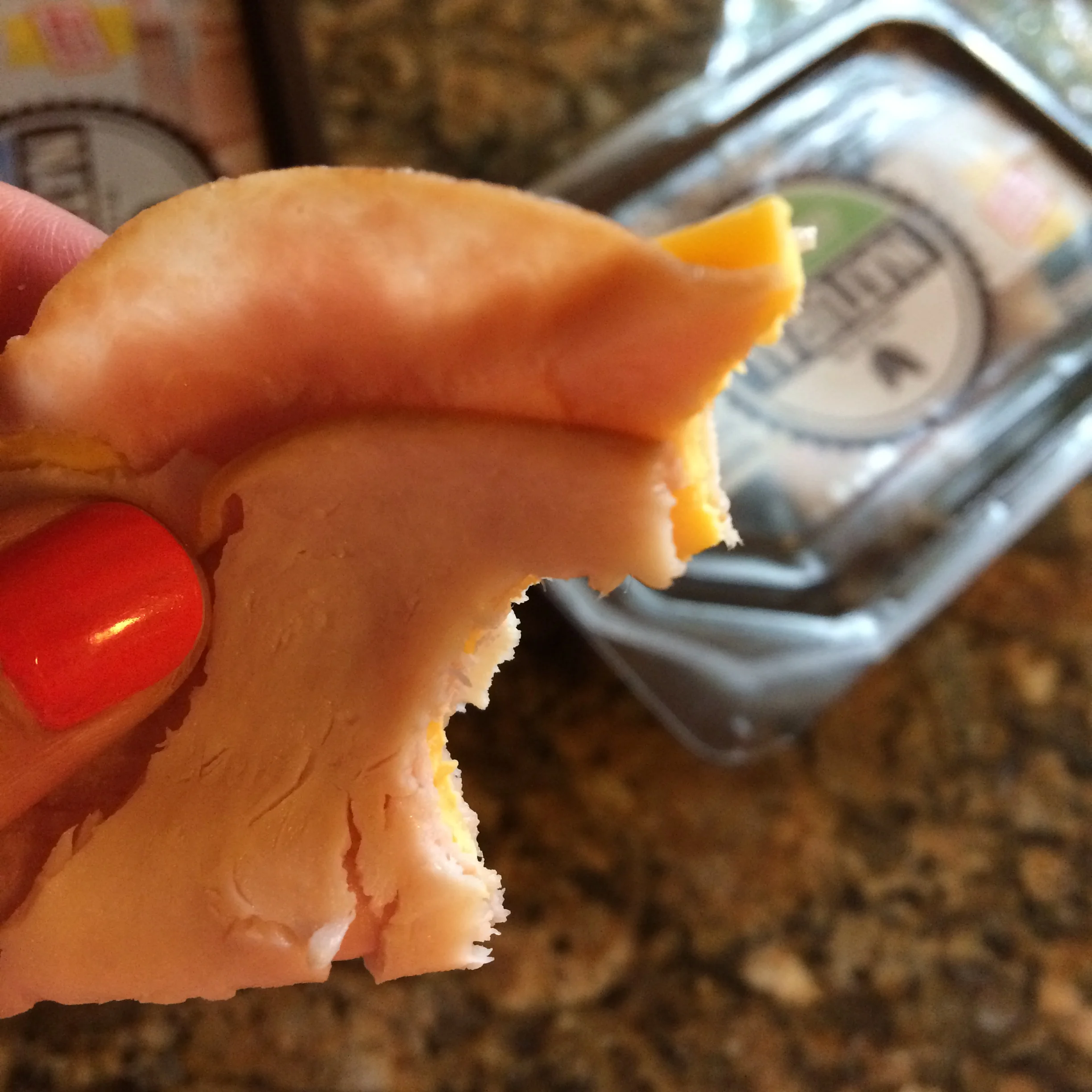 Quick snack of nitrate-free turkey slices folded up with some cheese