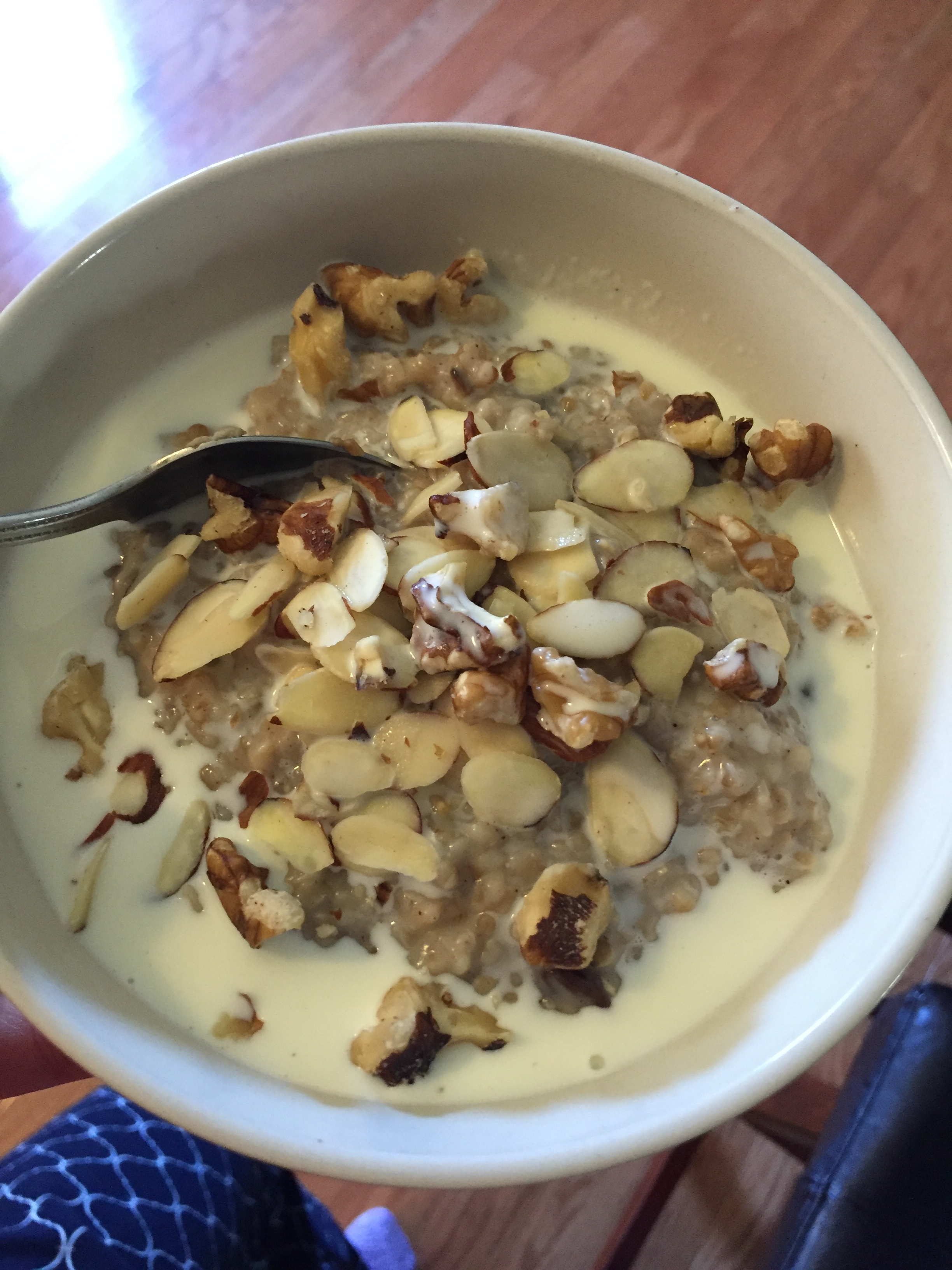 a meat break this morning meant steel cut oats with nuts and heavy cream..so tasty!