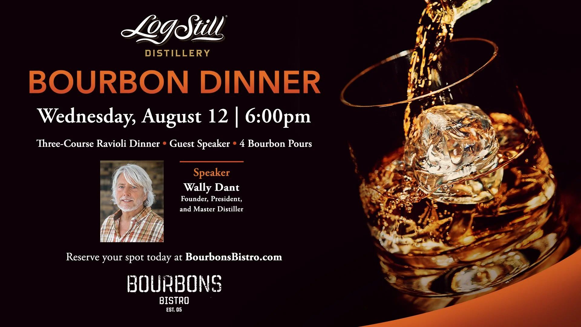 Flyer and link for Log Still Dinner at Bourbons Bistro