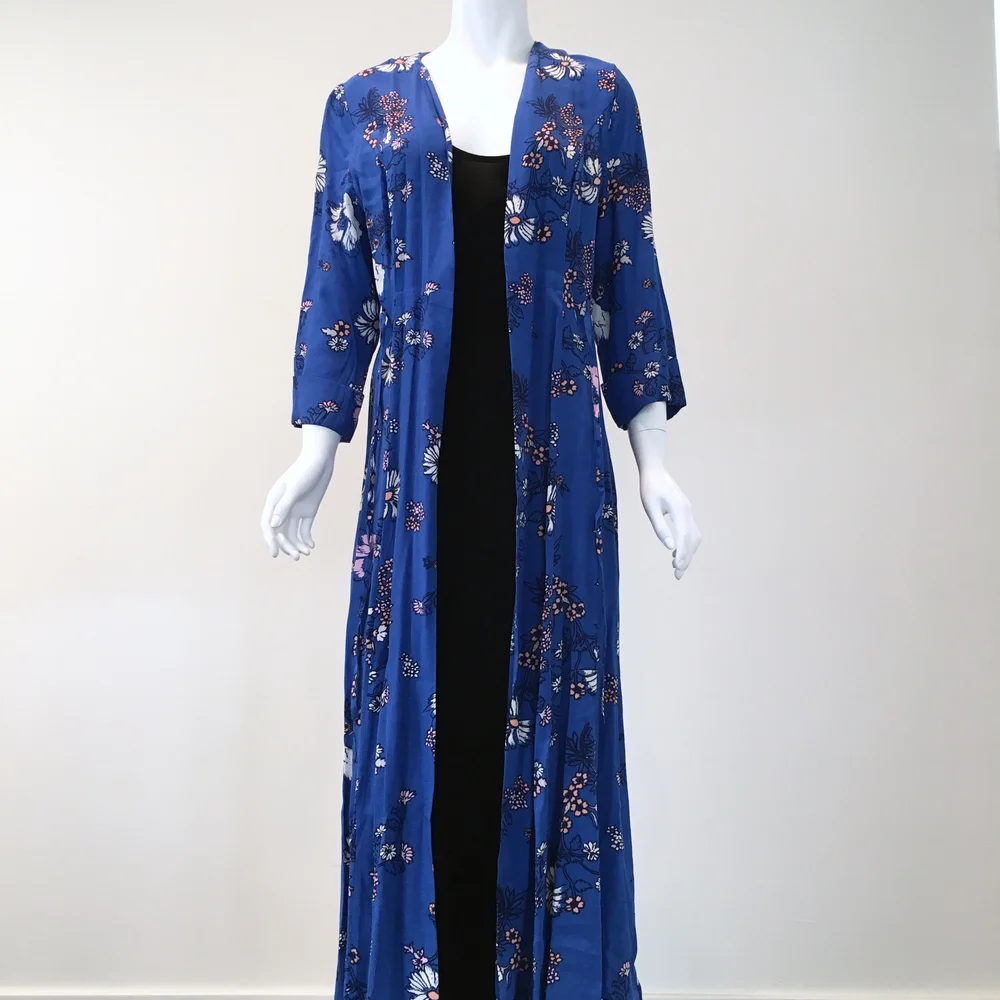 blue dress with pink cardigan Light Blue Fire Maiden Style Caftan in Ikat Aztec Pattern