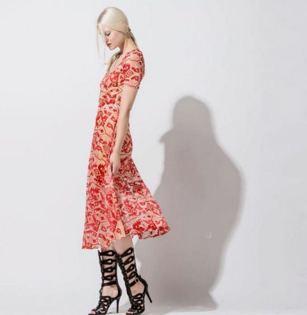 LINE AND DOT EMBROIDERED DRESS TAN AND ORANGE RED  NO SEASON LOS ANGELES