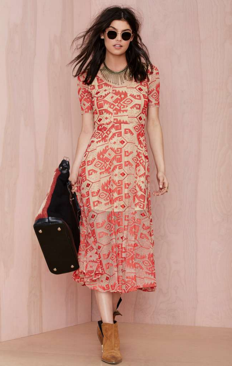 LINE AND DOT EMBROIDERED DRESS TAN AND ORANGE RED  NO SEASON LOS ANGELES