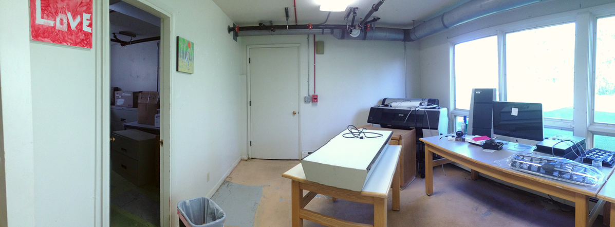 The first space that I occupied in the MFA studios. My space began about halfway through the last windowpane on the right and included the wall on the left and the wall at the back of the photo. It was about six square feet that housed a work table and a low set of shelves, with 5' of wall on the left and 6-7'ft of space on the back wall.